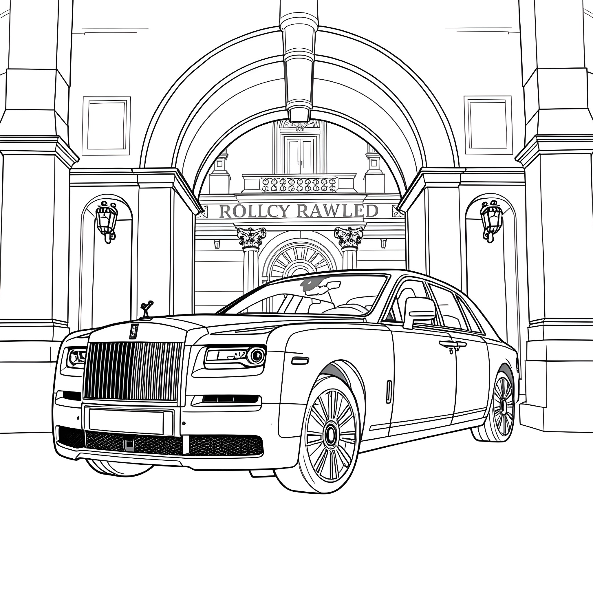Rolls Royce parked in front of grand arched entrance Coloring Page (free black-and-white line drawing printable PDF for all, from beginners to advanced learners, including children, teens, adults, and seniors)