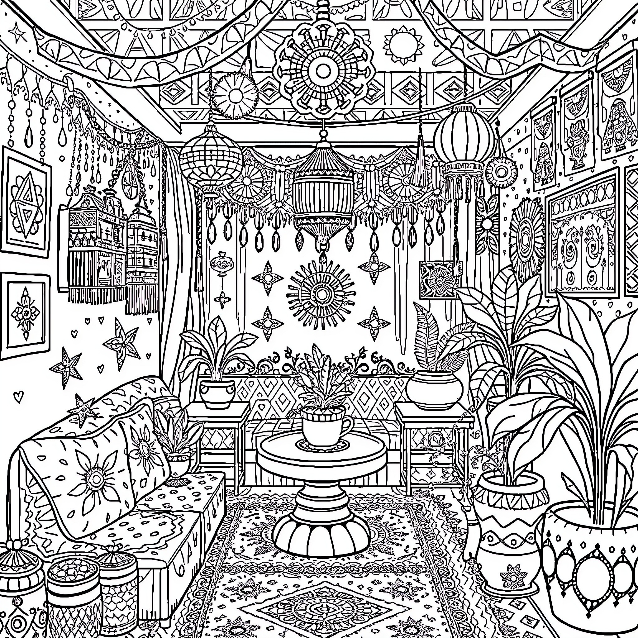 Hippie Bohemian Oasis with Vibrant Patterns and Decor Coloring Page (free black-and-white line drawing printable PDF for all, from beginners to advanced learners, including children, teens, adults, and seniors)