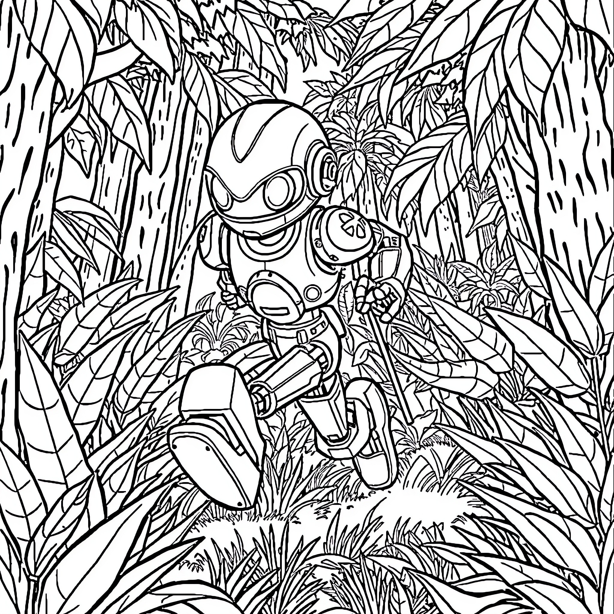 Robot Exploring the Lush Jungle Landscape Coloring Page (free black-and-white line drawing printable PDF for all, from beginners to advanced learners, including children, teens, adults, and seniors)