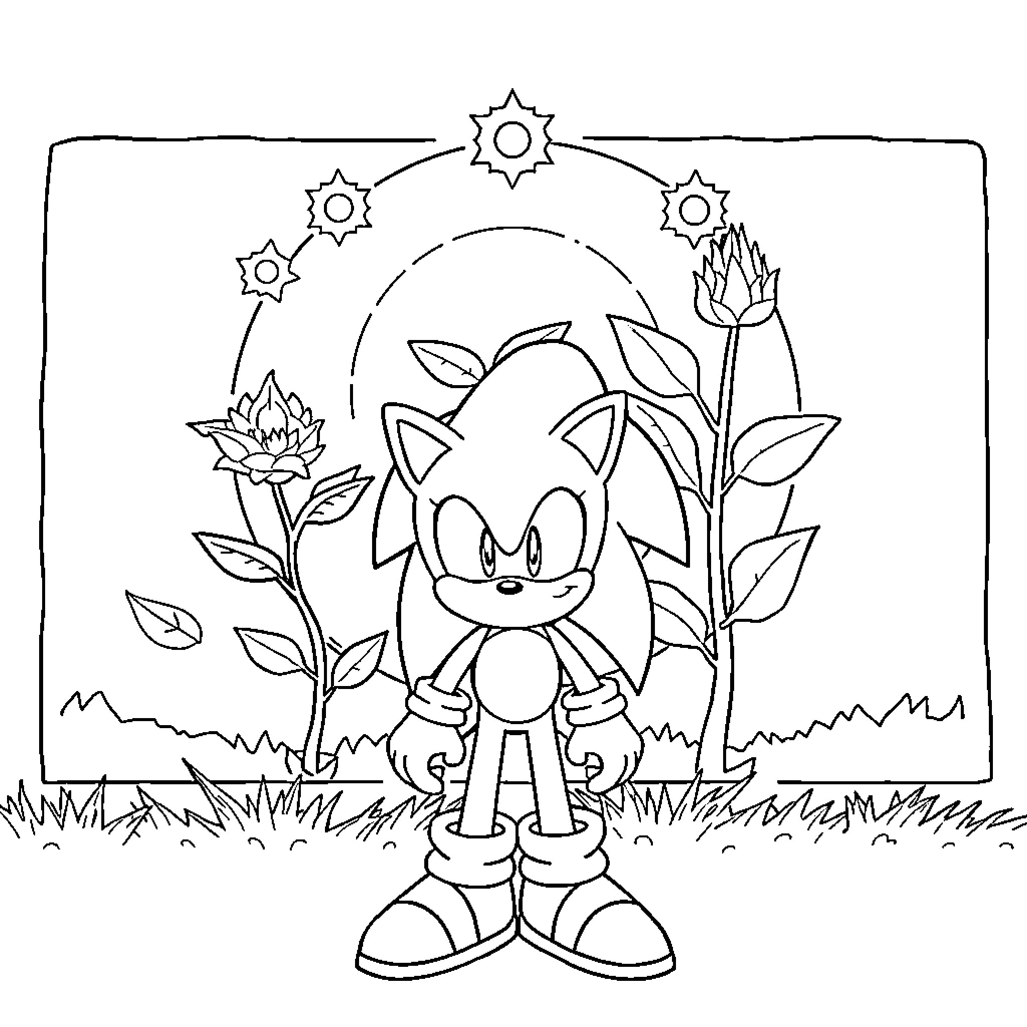 Sonic standing confidently in a field of flowers Coloring Page (free black-and-white line drawing printable PDF for all, from beginners to advanced learners, including children, teens, adults, and seniors)