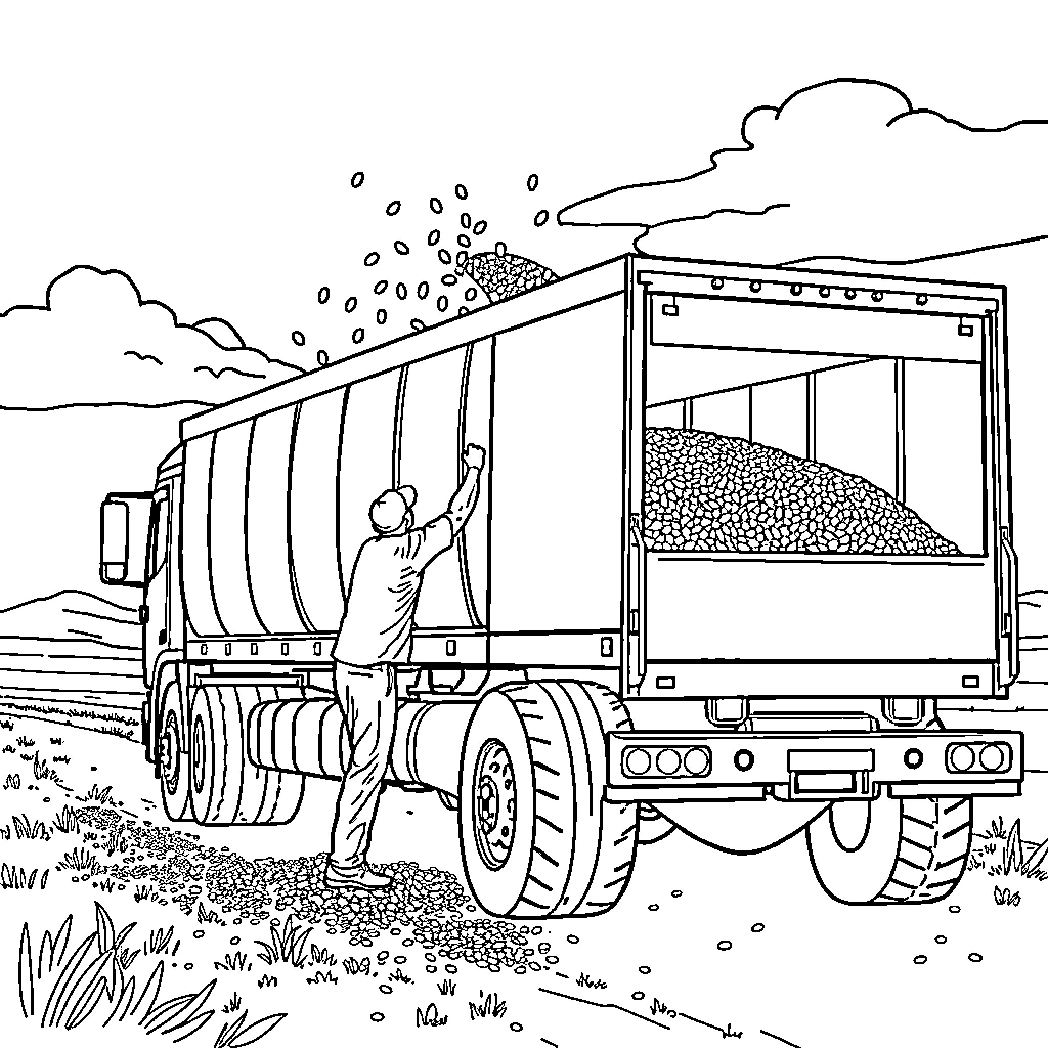 Truck unloading cargo in rural landscape Coloring Page (free black-and-white line drawing printable PDF for all, from beginners to advanced learners, including children, teens, adults, and seniors)
