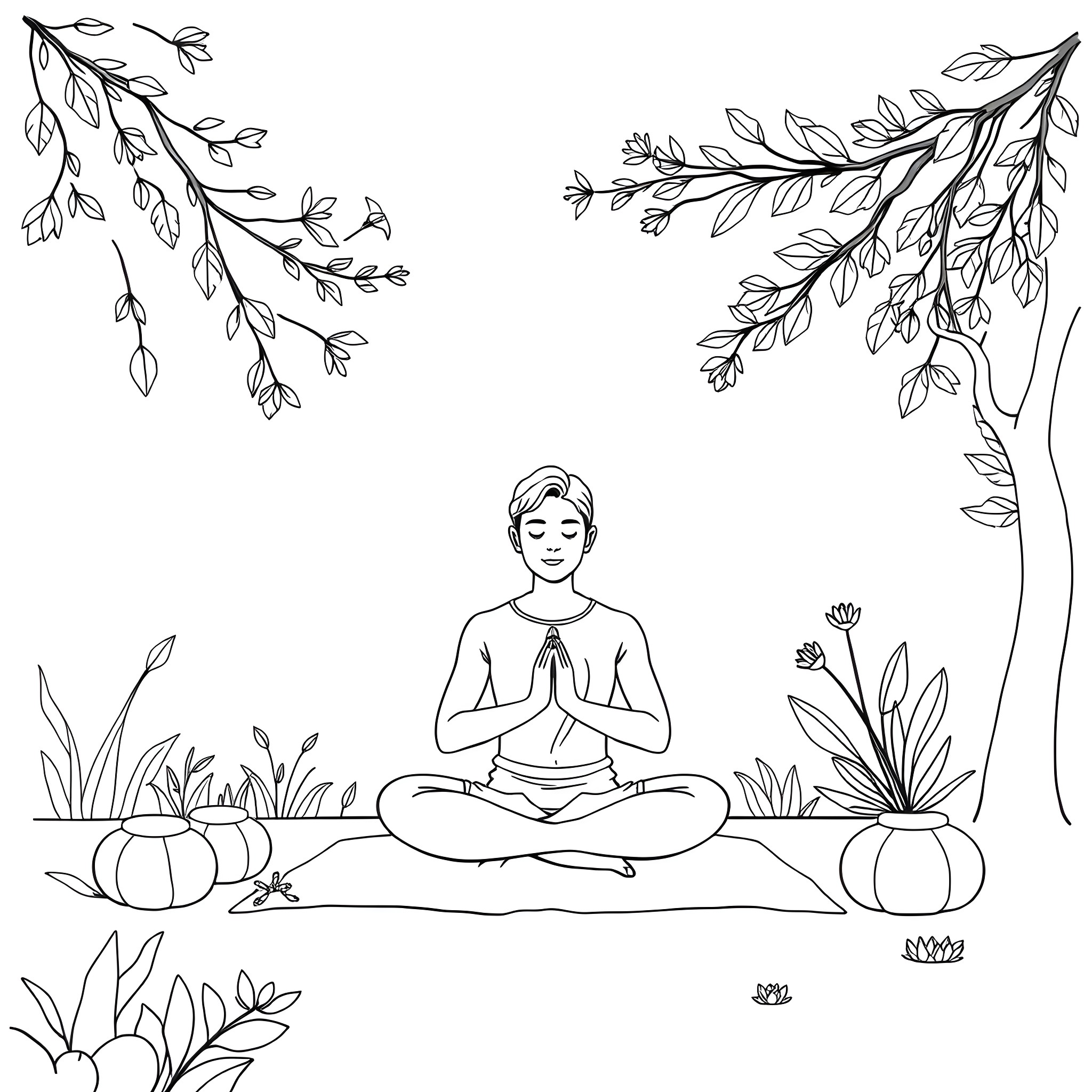 Mental Health Mindfulness in Nature Coloring Page (free black-and-white line drawing printable PDF for all, from beginners to advanced learners, including children, teens, adults, and seniors)