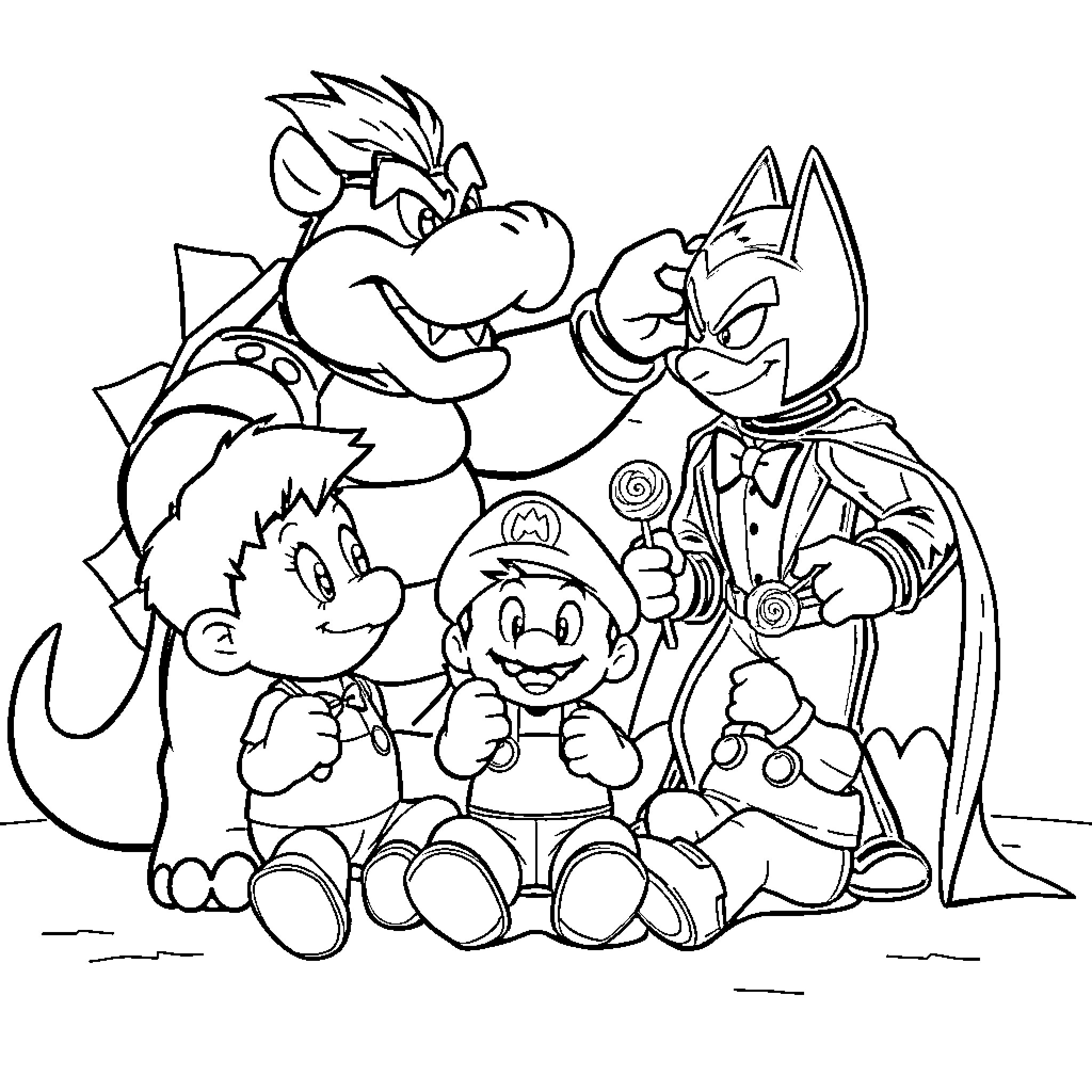 Bowser and friends in an animated adventure Coloring Page (free black-and-white line drawing printable PDF for all, from beginners to advanced learners, including children, teens, adults, and seniors)
