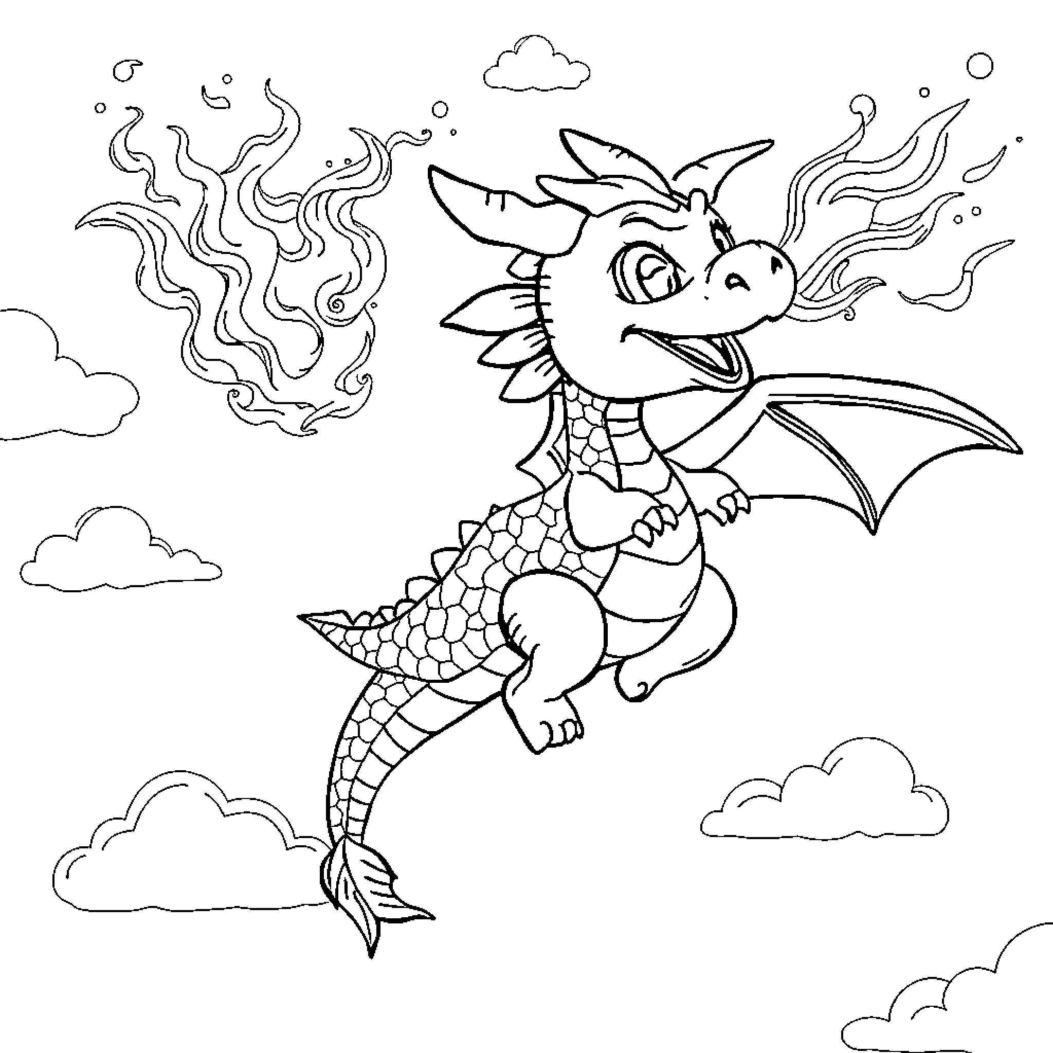 Dragon soaring through cloudy skies with fiery breath Coloring Page (free black-and-white line drawing printable PDF for all, from beginners to advanced learners, including children, teens, adults, and seniors)