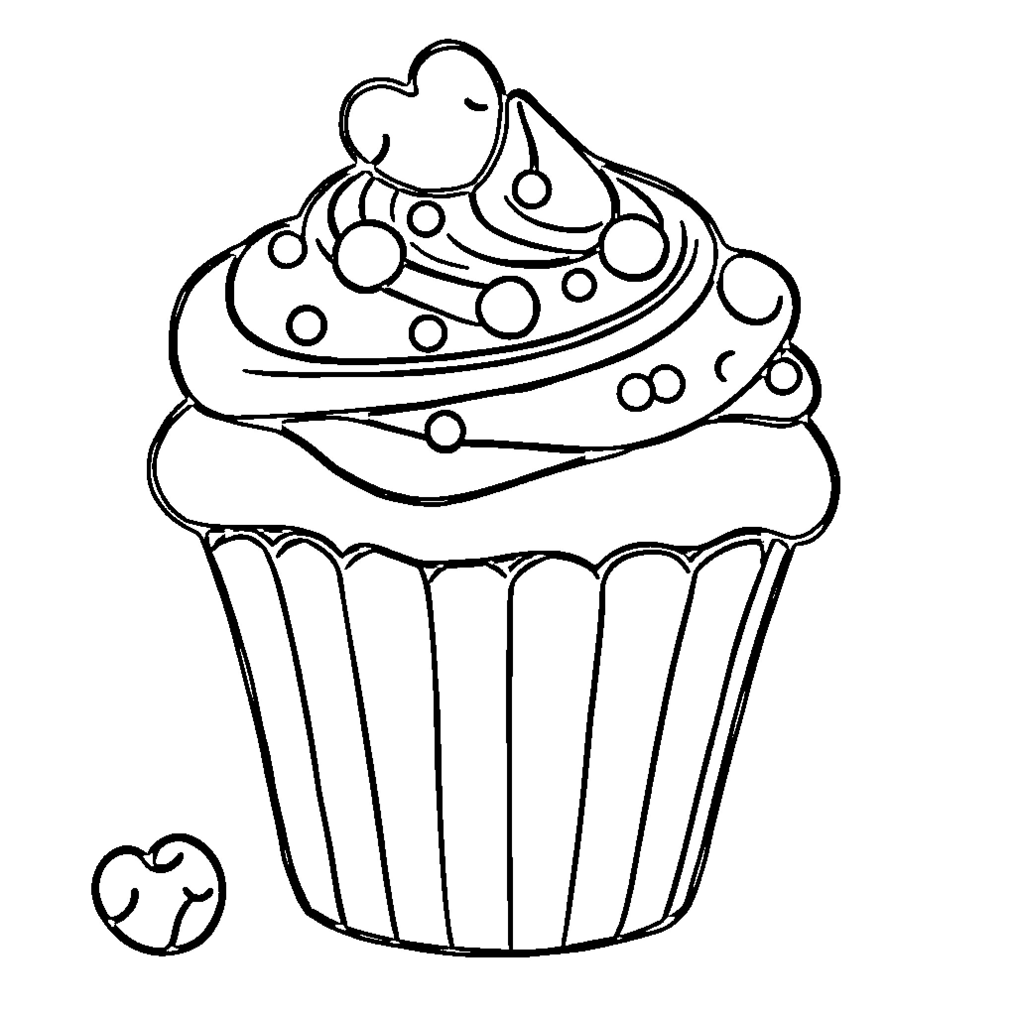 Cupcake with Decorative Swirls and Toppings Coloring Page (free black-and-white line drawing printable PDF for all, from beginners to advanced learners, including children, teens, adults, and seniors)