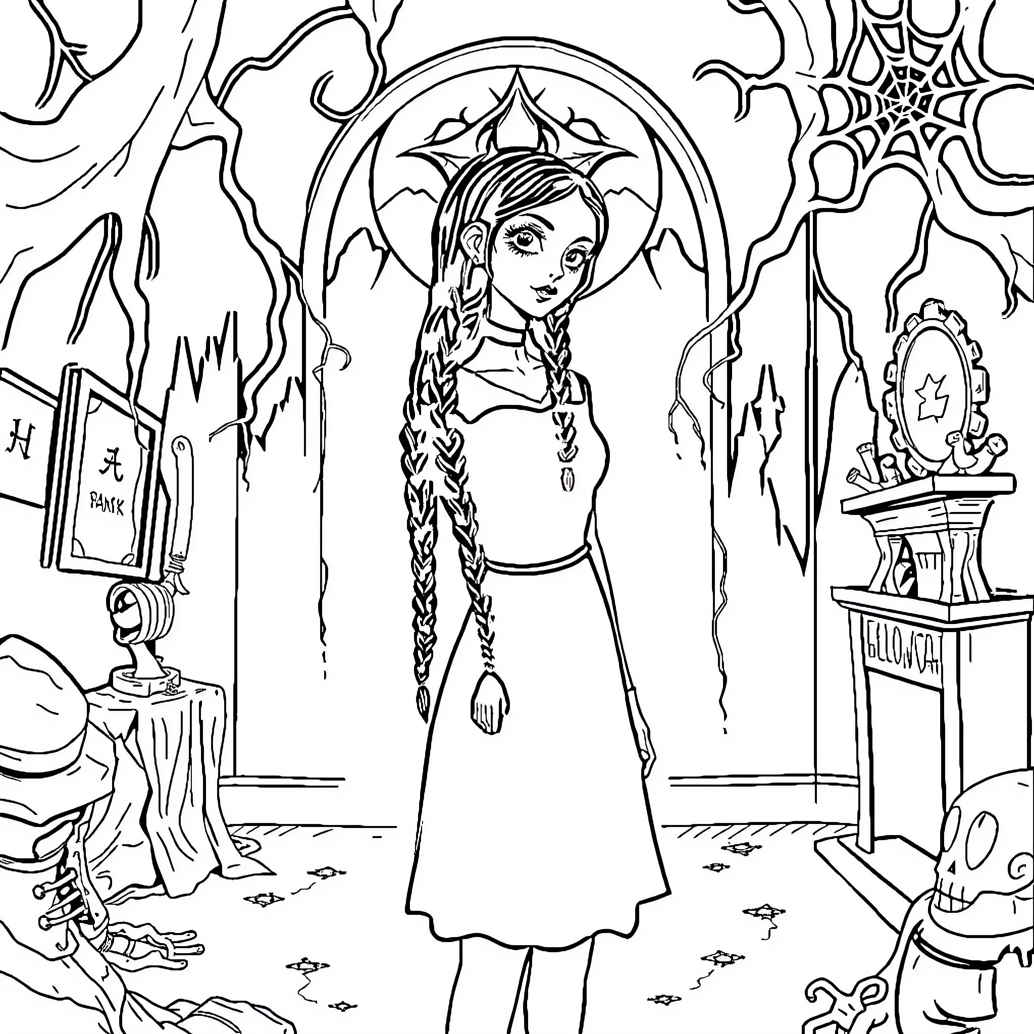 Wednesday Addams in a Spooky Halloween Setting Coloring Page (free black-and-white line drawing printable PDF for all, from beginners to advanced learners, including children, teens, adults, and seniors)