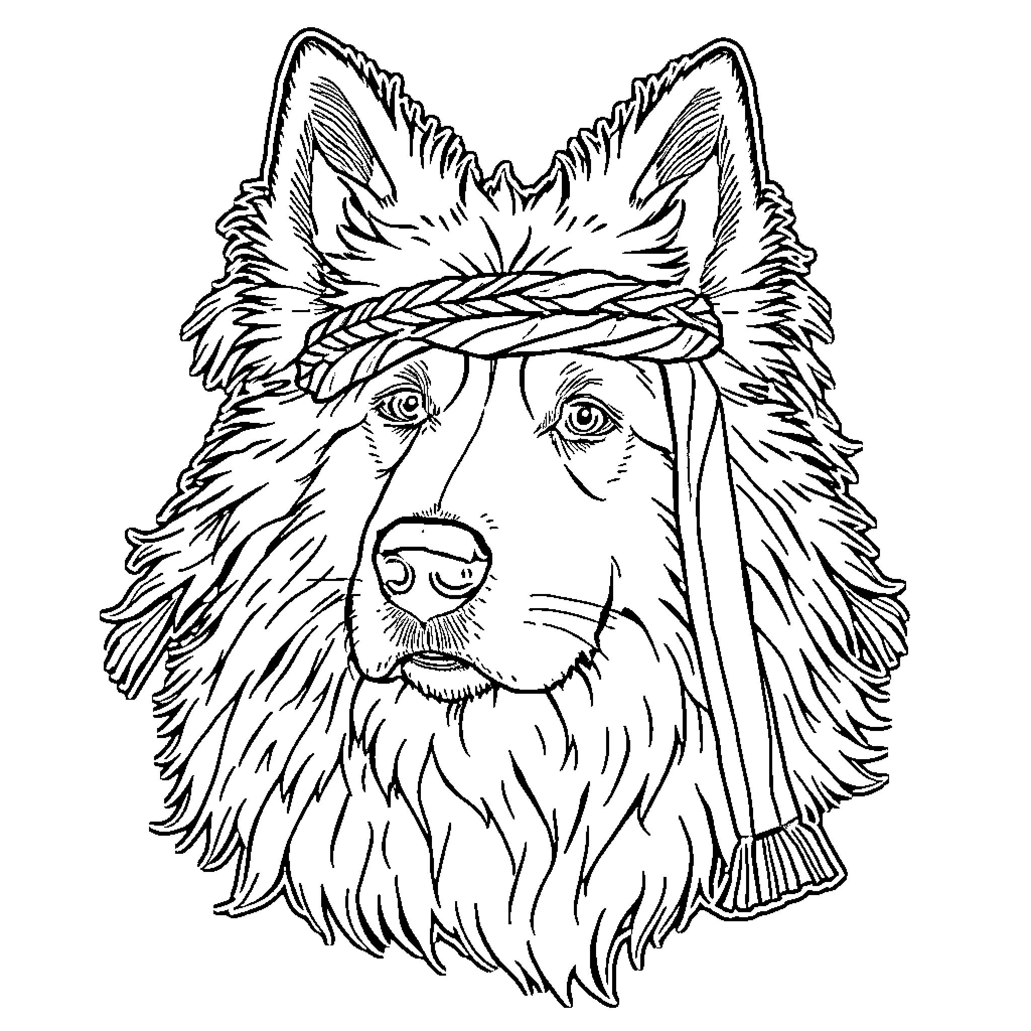Dog with Tribal Headband in Monochrome Coloring Page (free black-and-white line drawing printable PDF for all, from beginners to advanced learners, including children, teens, adults, and seniors)