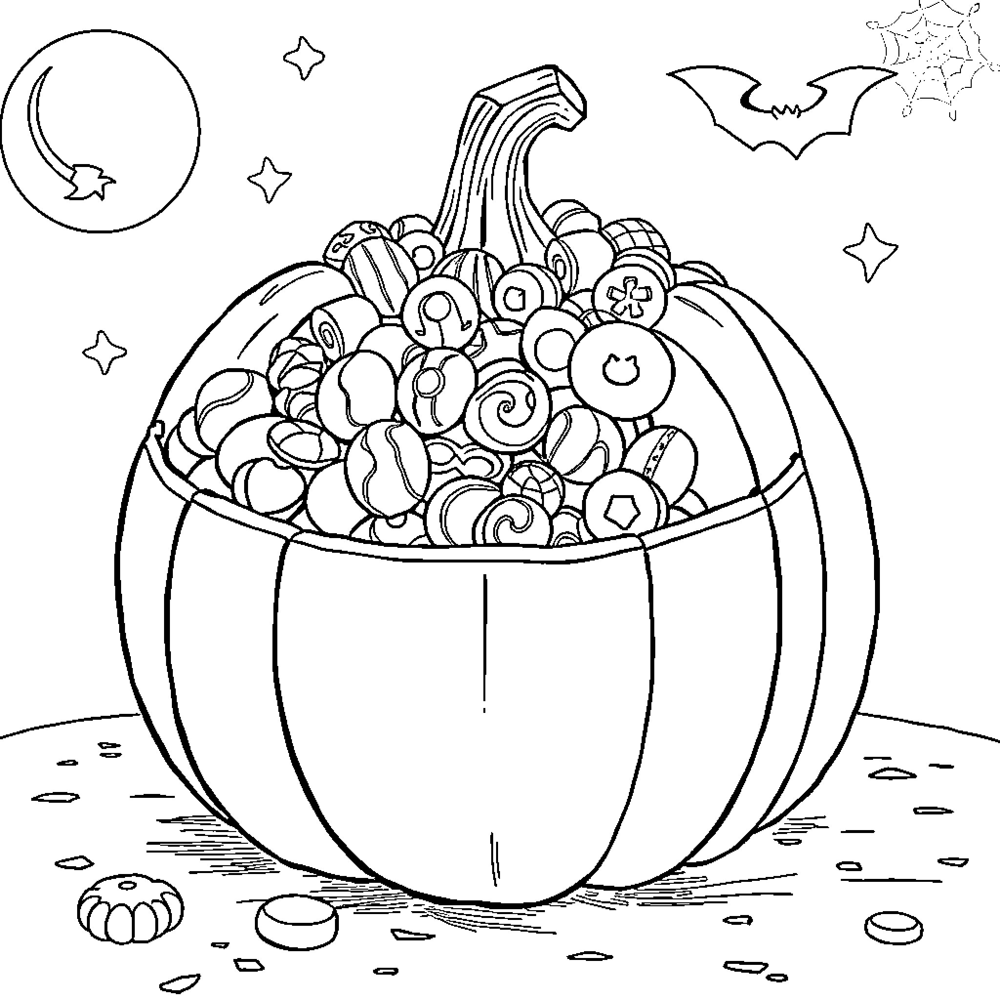 Pumpkin filled with Halloween-themed decorations Coloring Page (free black-and-white line drawing printable PDF for all, from beginners to advanced learners, including children, teens, adults, and seniors)