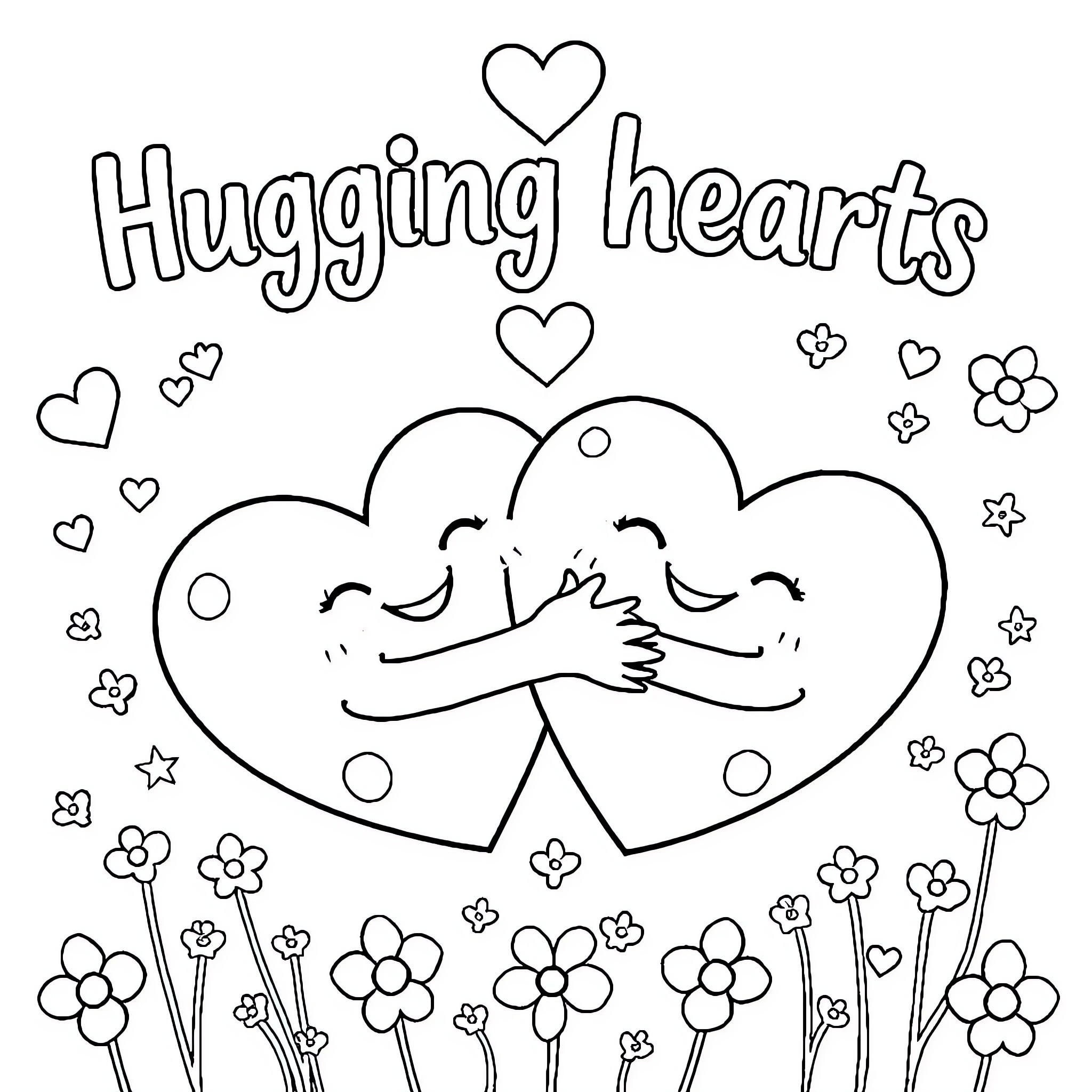 Heart-warming embrace between two hearts Coloring Page (free black-and-white line drawing printable PDF for all, from beginners to advanced learners, including children, teens, adults, and seniors)