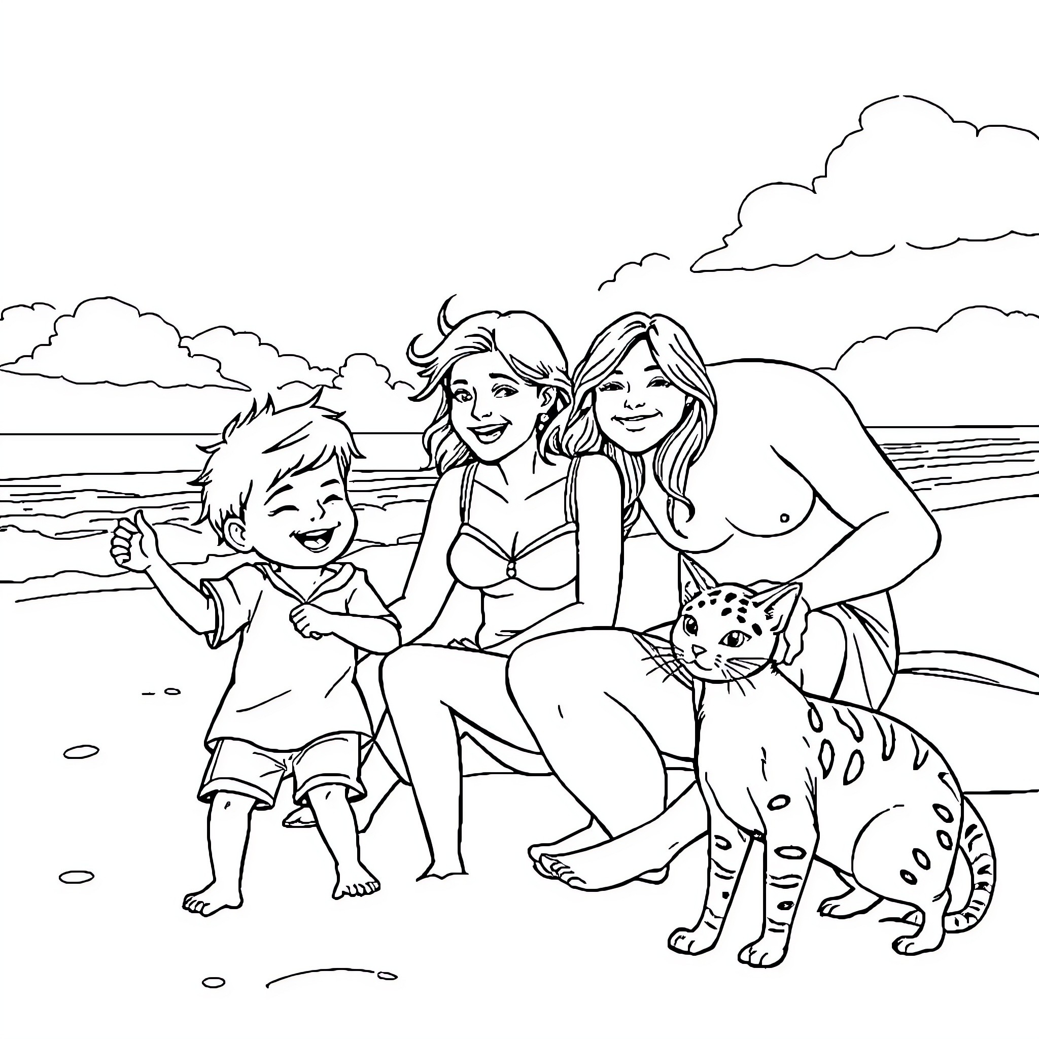 Familia Enjoying Beach Time Together Coloring Page (free black-and-white line drawing printable PDF for all, from beginners to advanced learners, including children, teens, adults, and seniors)