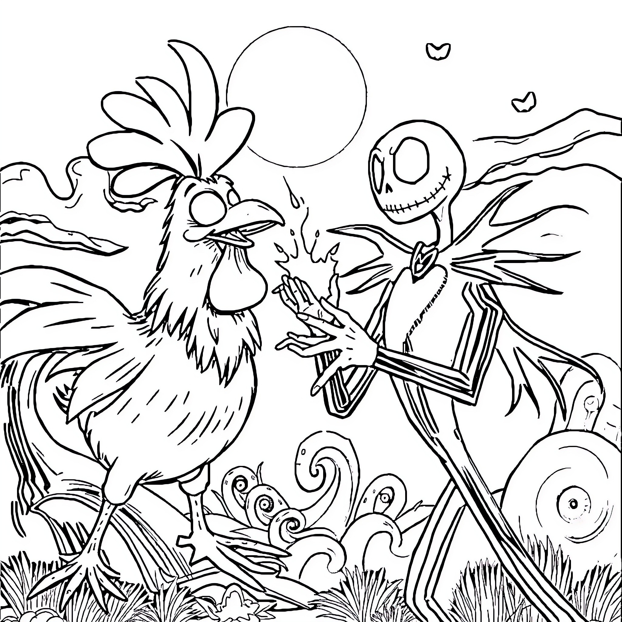 Chicken confronting spooky character in landscape Coloring Page (free black-and-white line drawing printable PDF for all, from beginners to advanced learners, including children, teens, adults, and seniors)