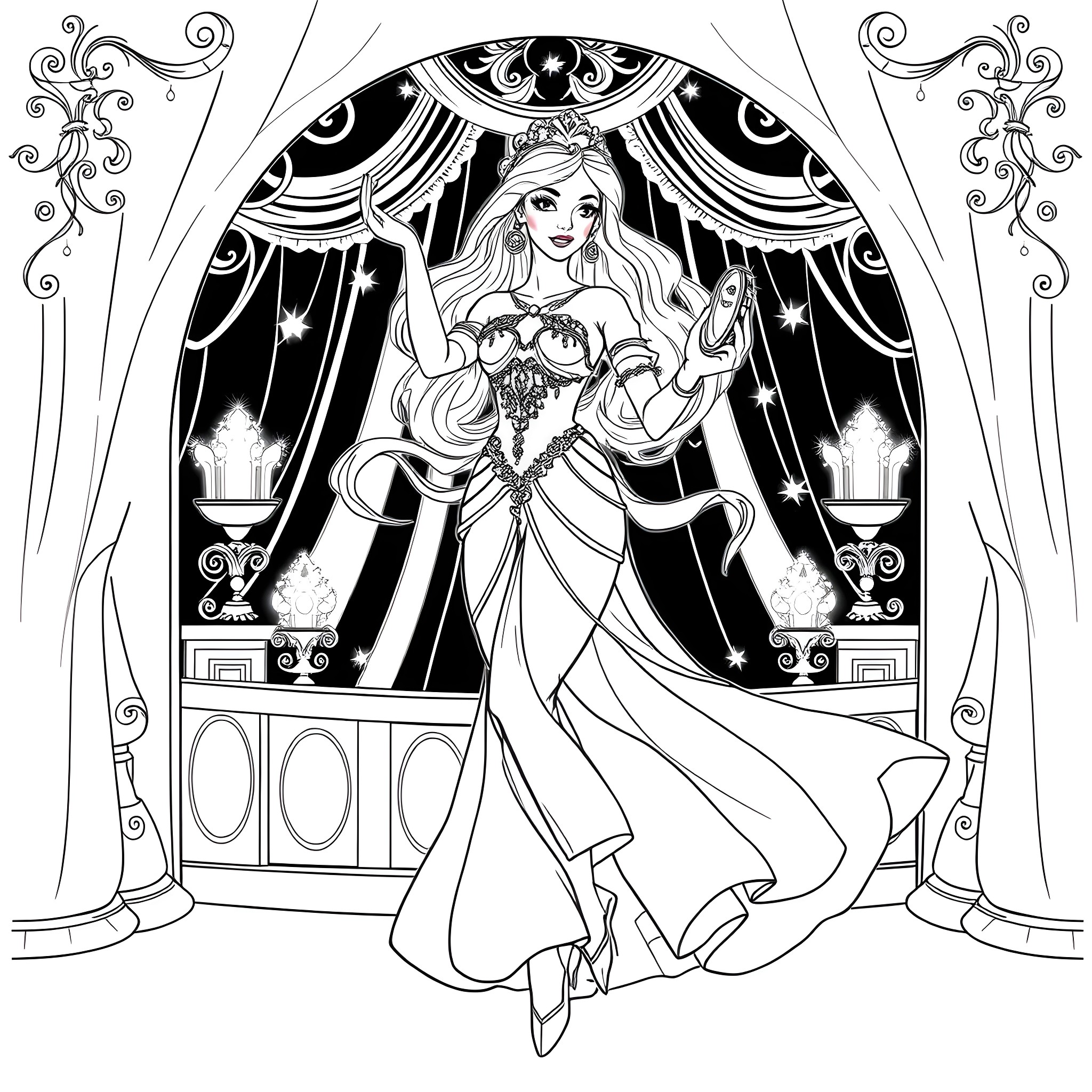 Esmeralda performing on stage in a grand theater Coloring Page (free black-and-white line drawing printable PDF for all, from beginners to advanced learners, including children, teens, adults, and seniors)