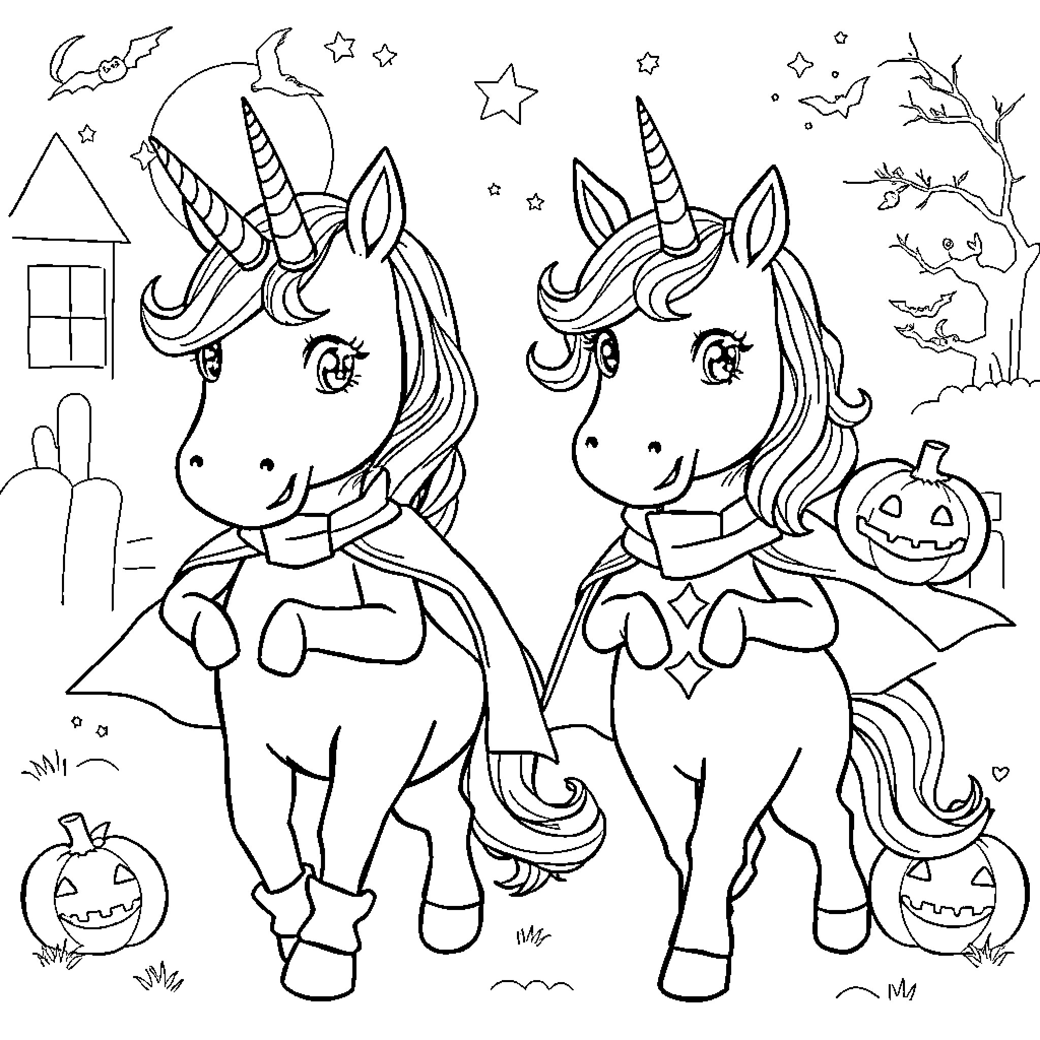 Unicorn friends celebrating Halloween together Coloring Page (free black-and-white line drawing printable PDF for all, from beginners to advanced learners, including children, teens, adults, and seniors)