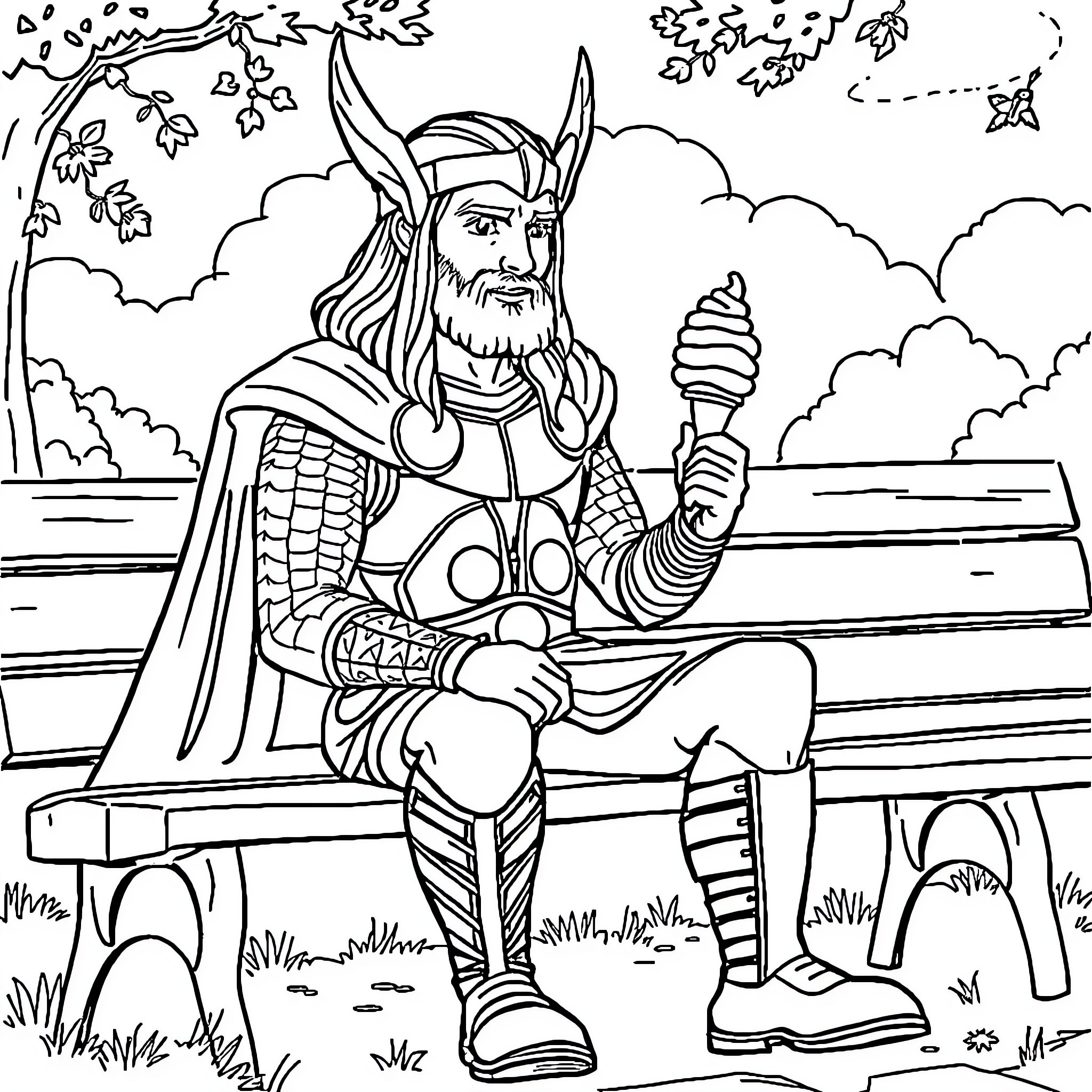 Thor resting on a bench in the park Coloring Page (free black-and-white line drawing printable PDF for all, from beginners to advanced learners, including children, teens, adults, and seniors)