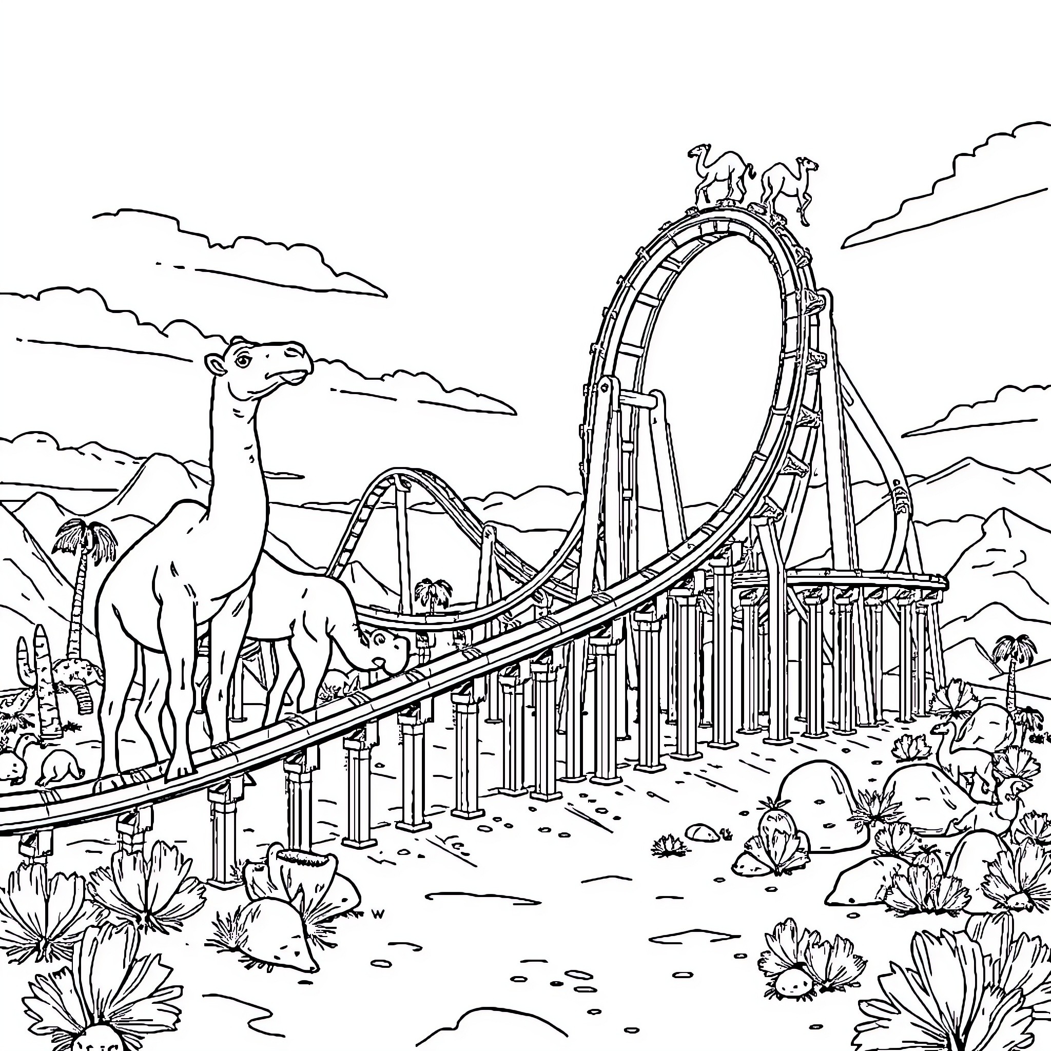 Camel Herd Crossing Roller Coaster Bridge Coloring Page (free black-and-white line drawing printable PDF for all, from beginners to advanced learners, including children, teens, adults, and seniors)