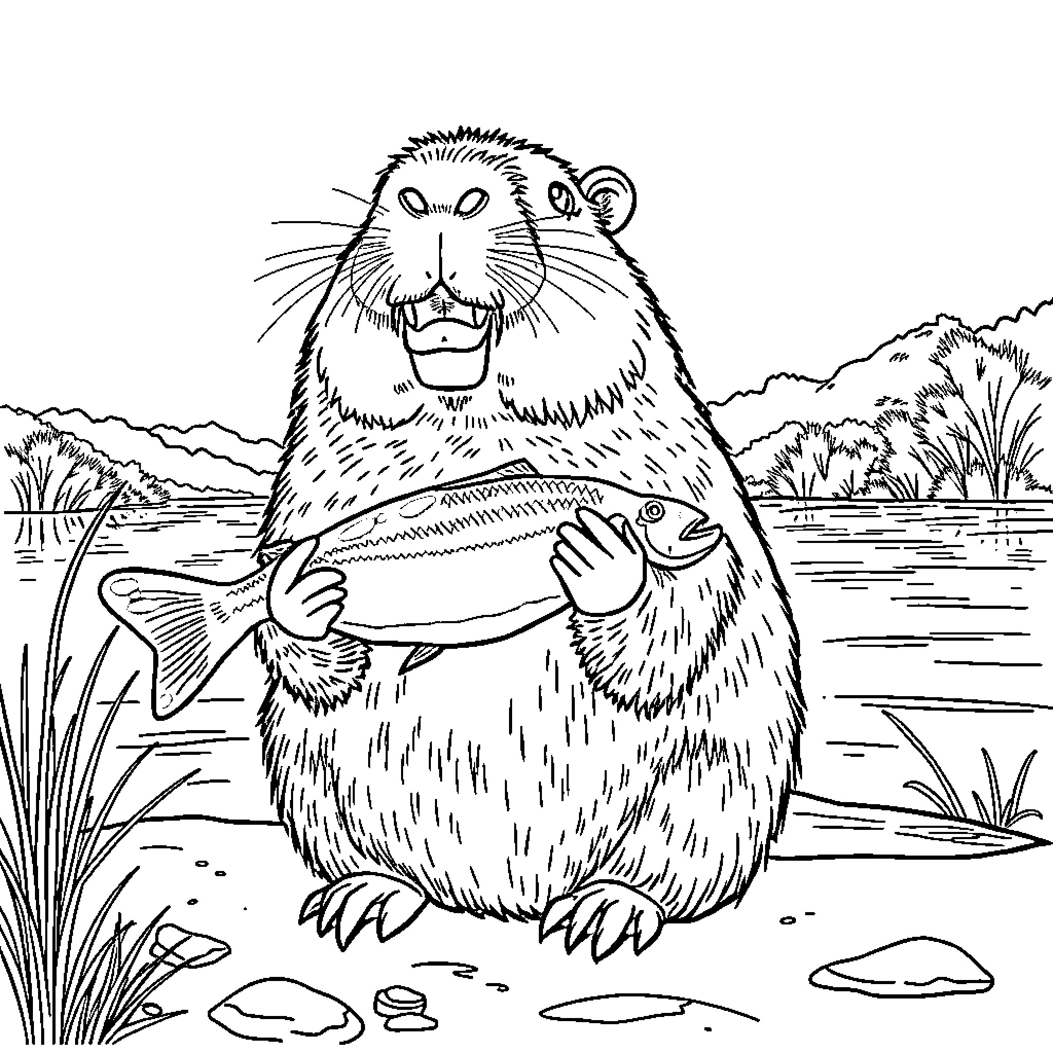 Capybara fishing in a serene pond Coloring Page (free black-and-white line drawing printable PDF for all, from beginners to advanced learners, including children, teens, adults, and seniors)