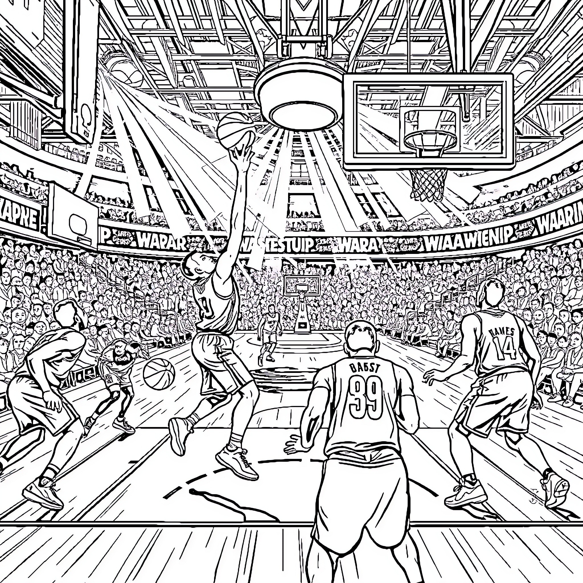 NBA Players Competing in Intense Basketball Game Coloring Page (free black-and-white line drawing printable PDF for all, from beginners to advanced learners, including children, teens, adults, and seniors)