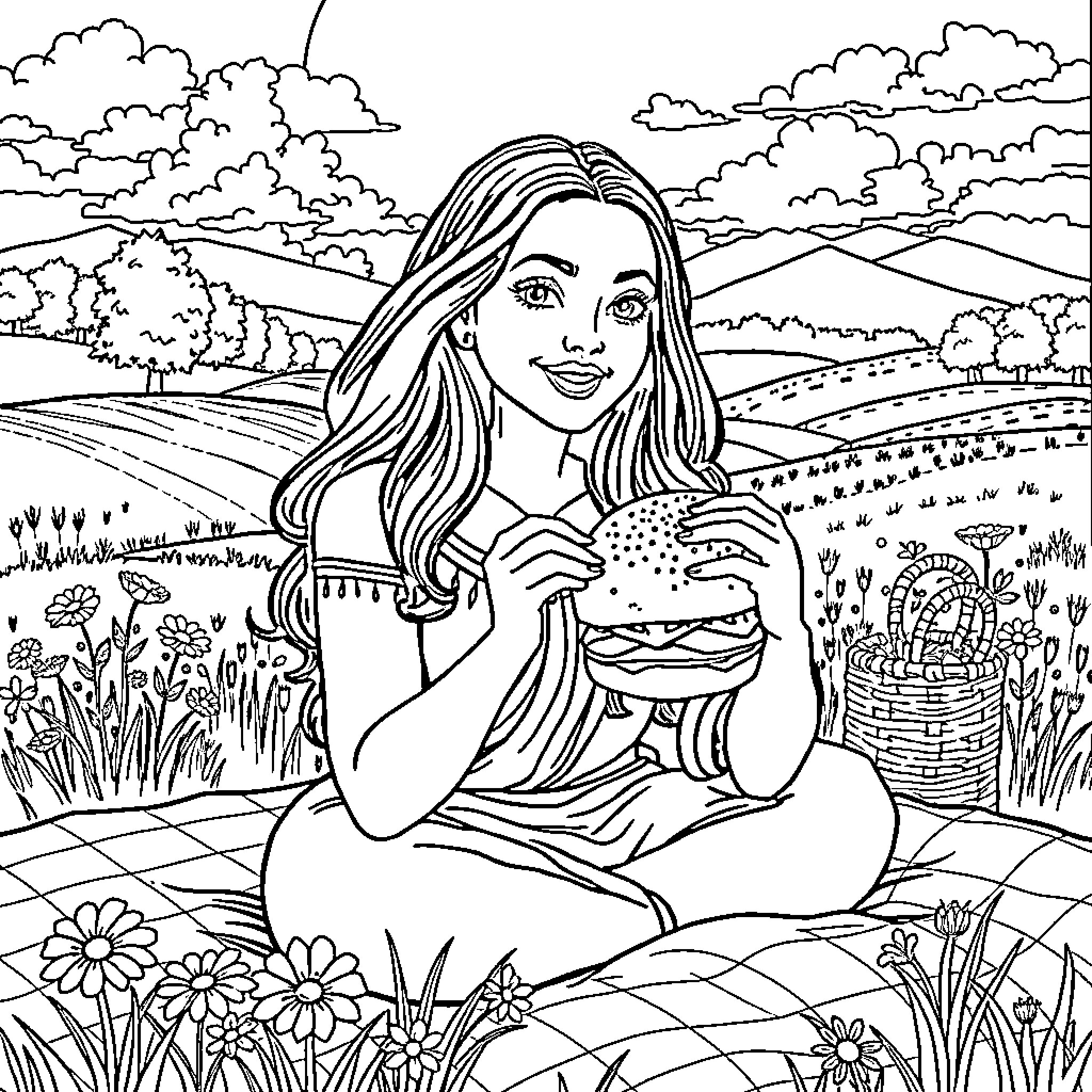 Monalisa Enjoying a Picnic in the Countryside Coloring Page (free black-and-white line drawing printable PDF for all, from beginners to advanced learners, including children, teens, adults, and seniors)