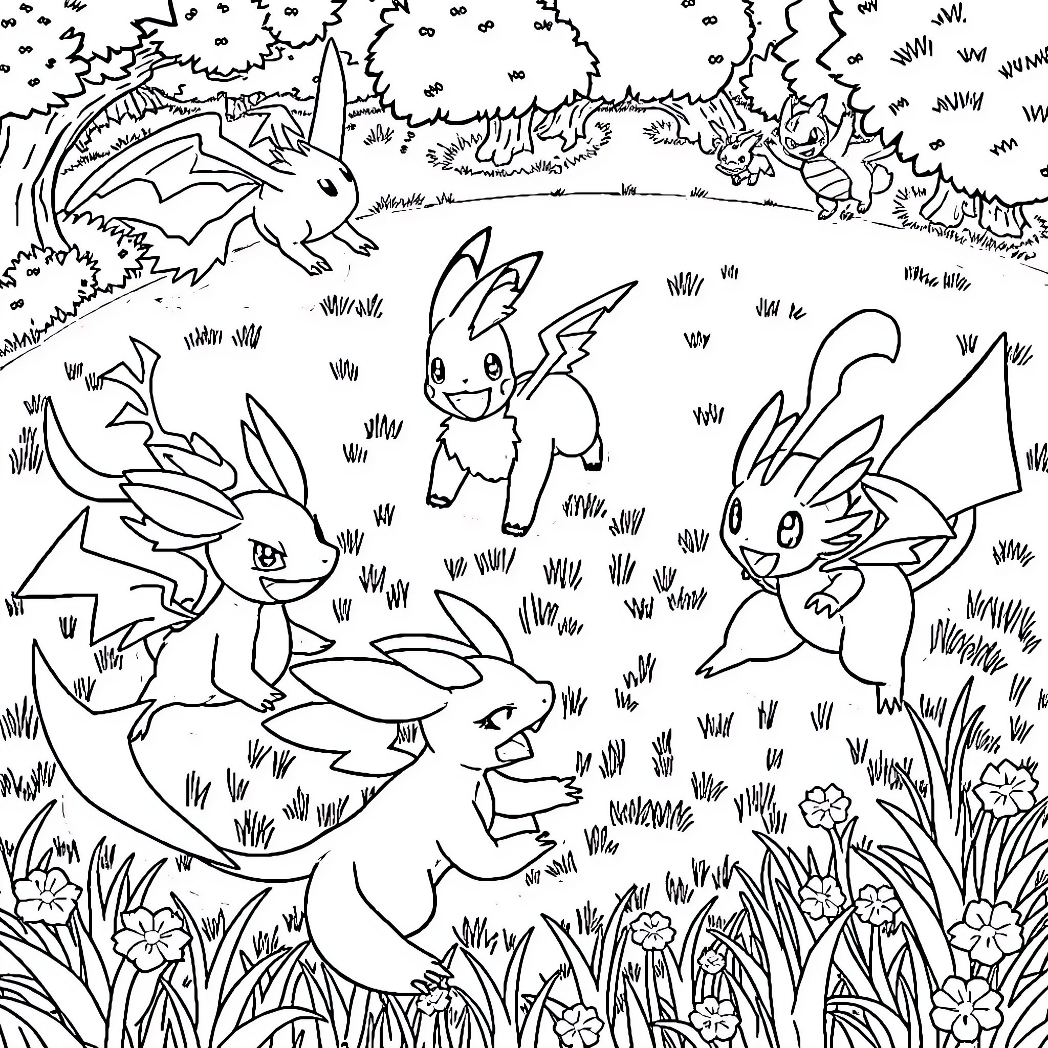 Pokémon Bunnies and Dragons Frolicking in the Forest Coloring Page (free black-and-white line drawing printable PDF for all, from beginners to advanced learners, including children, teens, adults, and seniors)