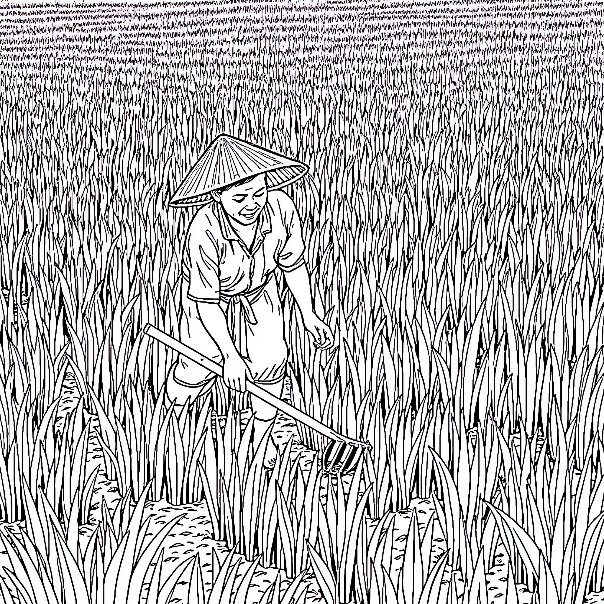 Farmer working in the field with a hat Coloring Page (free black-and-white line drawing printable PDF for all, from beginners to advanced learners, including children, teens, adults, and seniors)