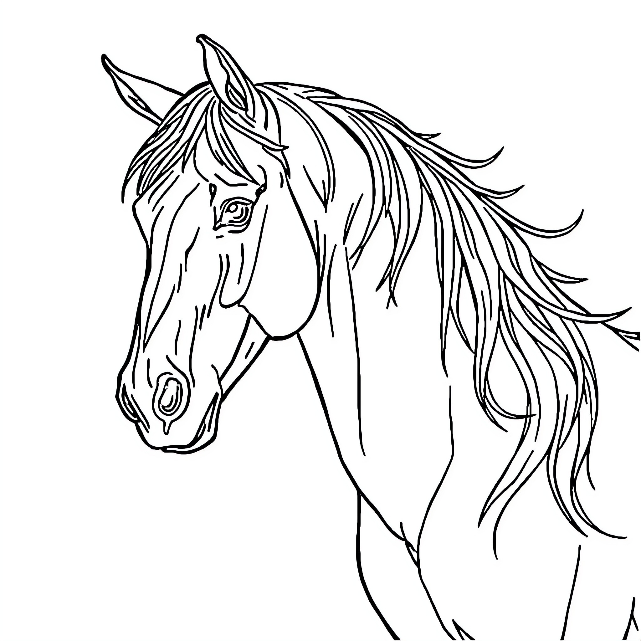 Horse with flowing mane in a simple outline Coloring Page (free black-and-white line drawing printable PDF for all, from beginners to advanced learners, including children, teens, adults, and seniors)