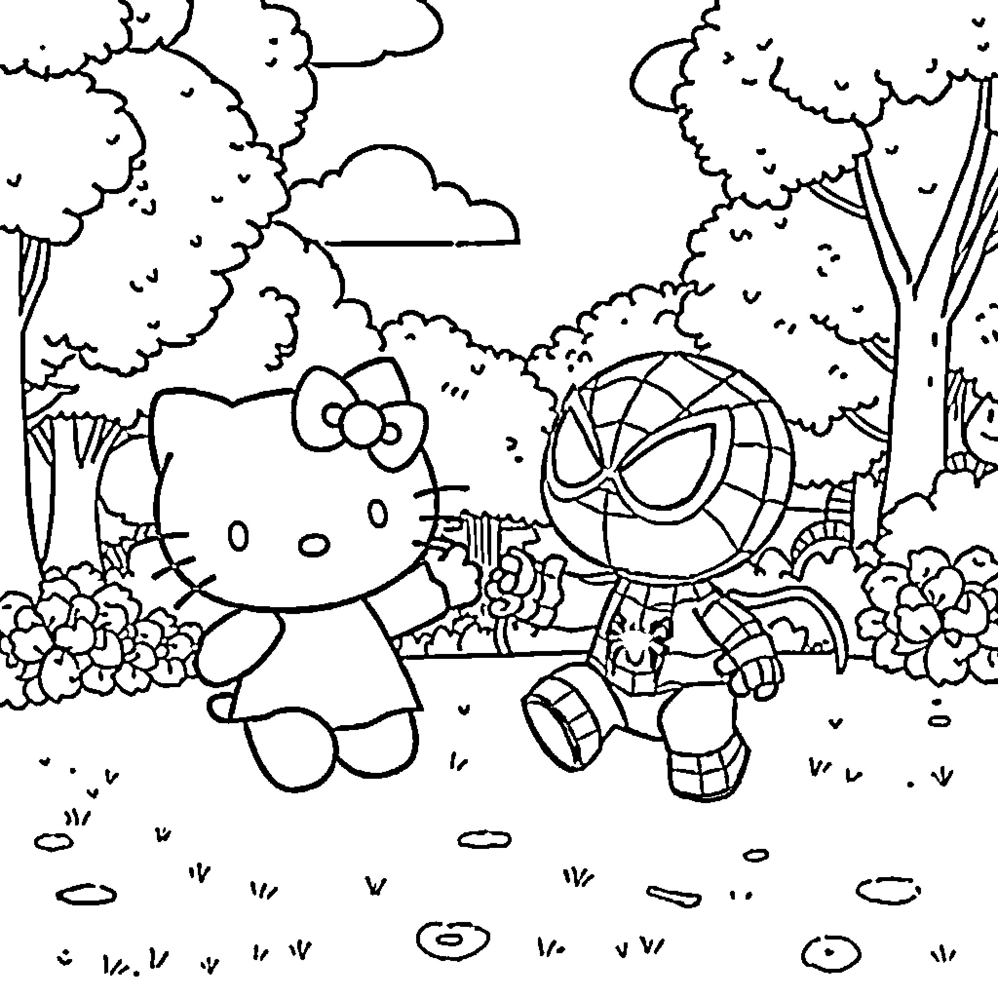 Hello Kitty playing with toys in the park Coloring Page (free black-and-white line drawing printable PDF for all, from beginners to advanced learners, including children, teens, adults, and seniors)
