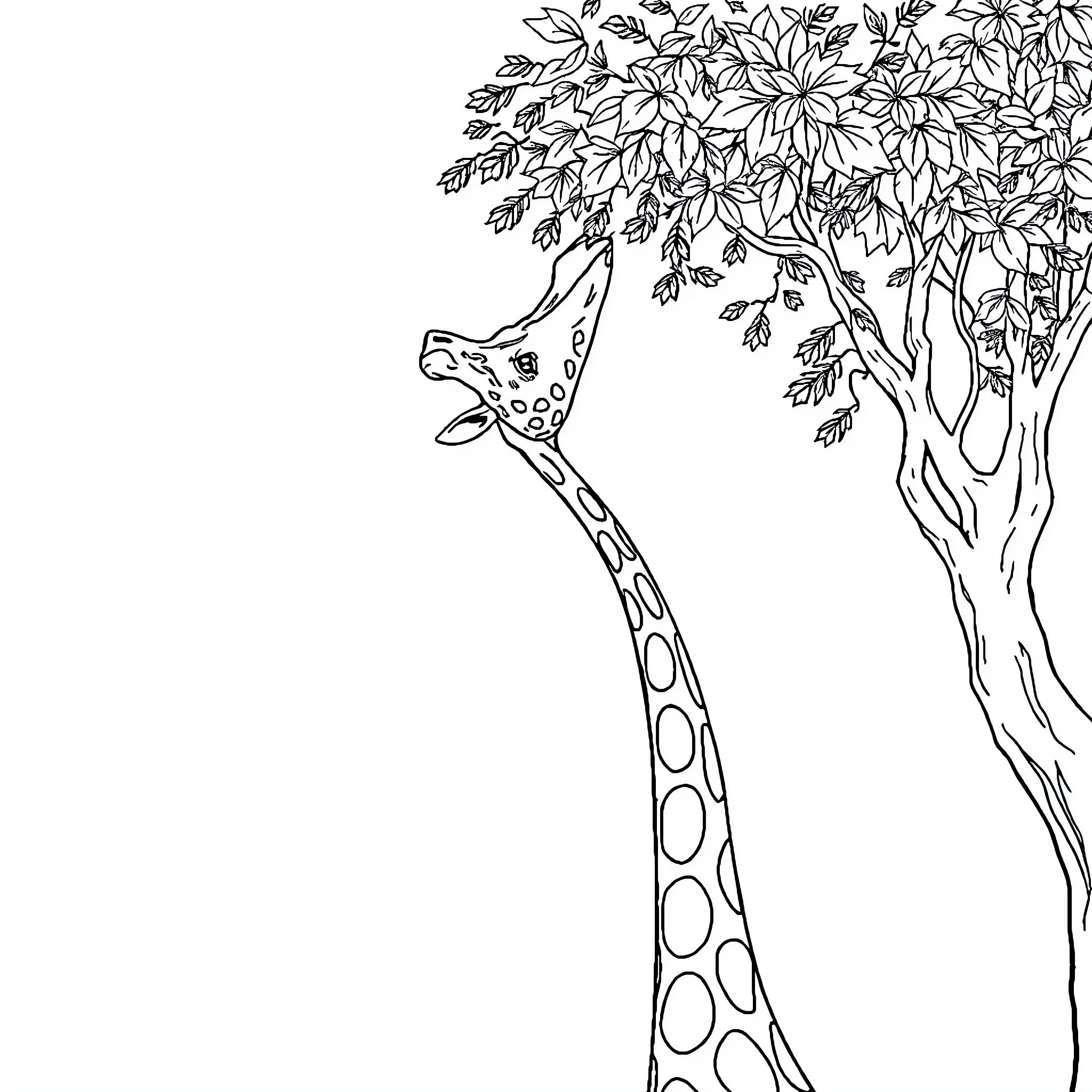 Giraffe reaching for leaves on tree Coloring Page (free black-and-white line drawing printable PDF for all, from beginners to advanced learners, including children, teens, adults, and seniors)