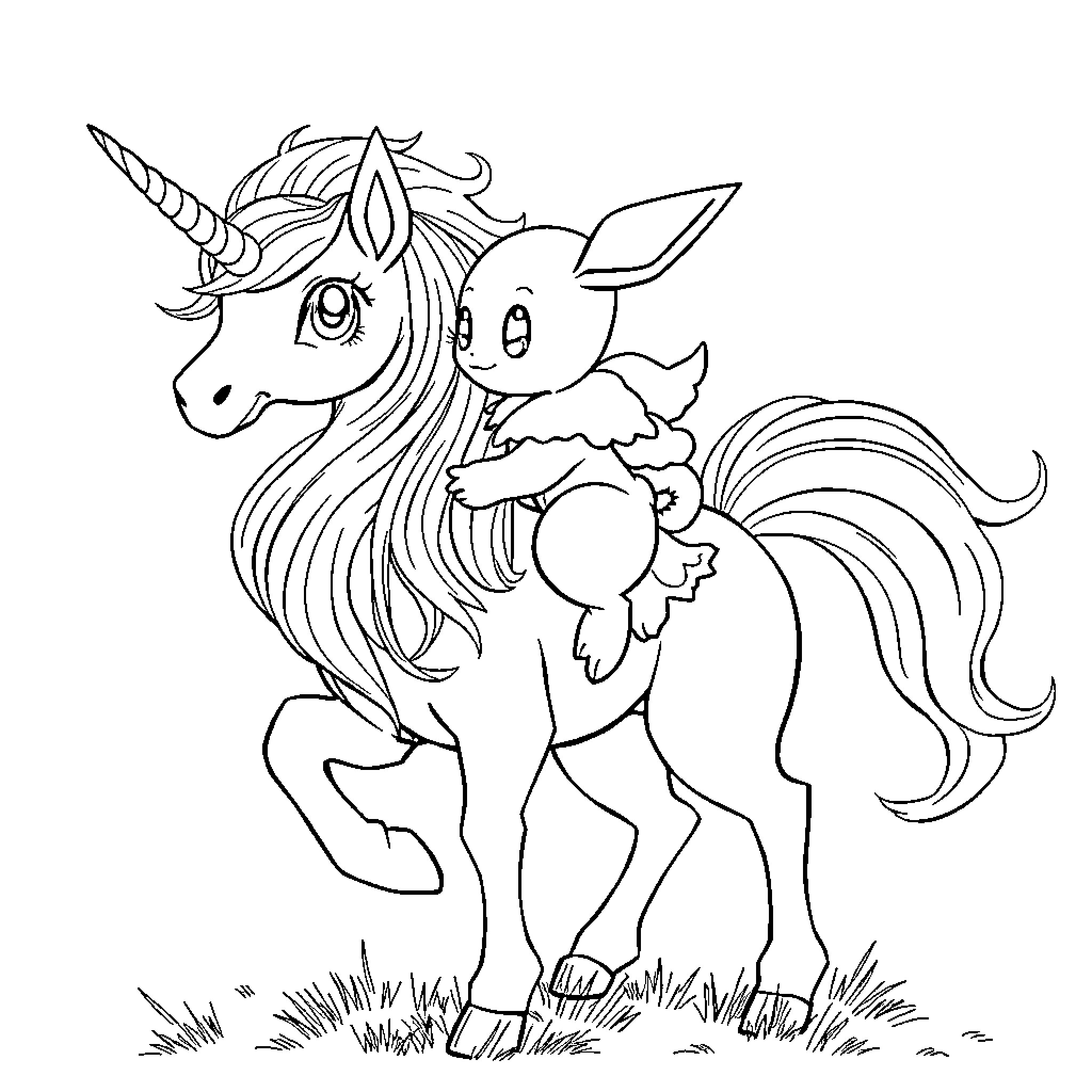 Eevee-inspired unicorn standing amidst nature Coloring Page (free black-and-white line drawing printable PDF for all, from beginners to advanced learners, including children, teens, adults, and seniors)