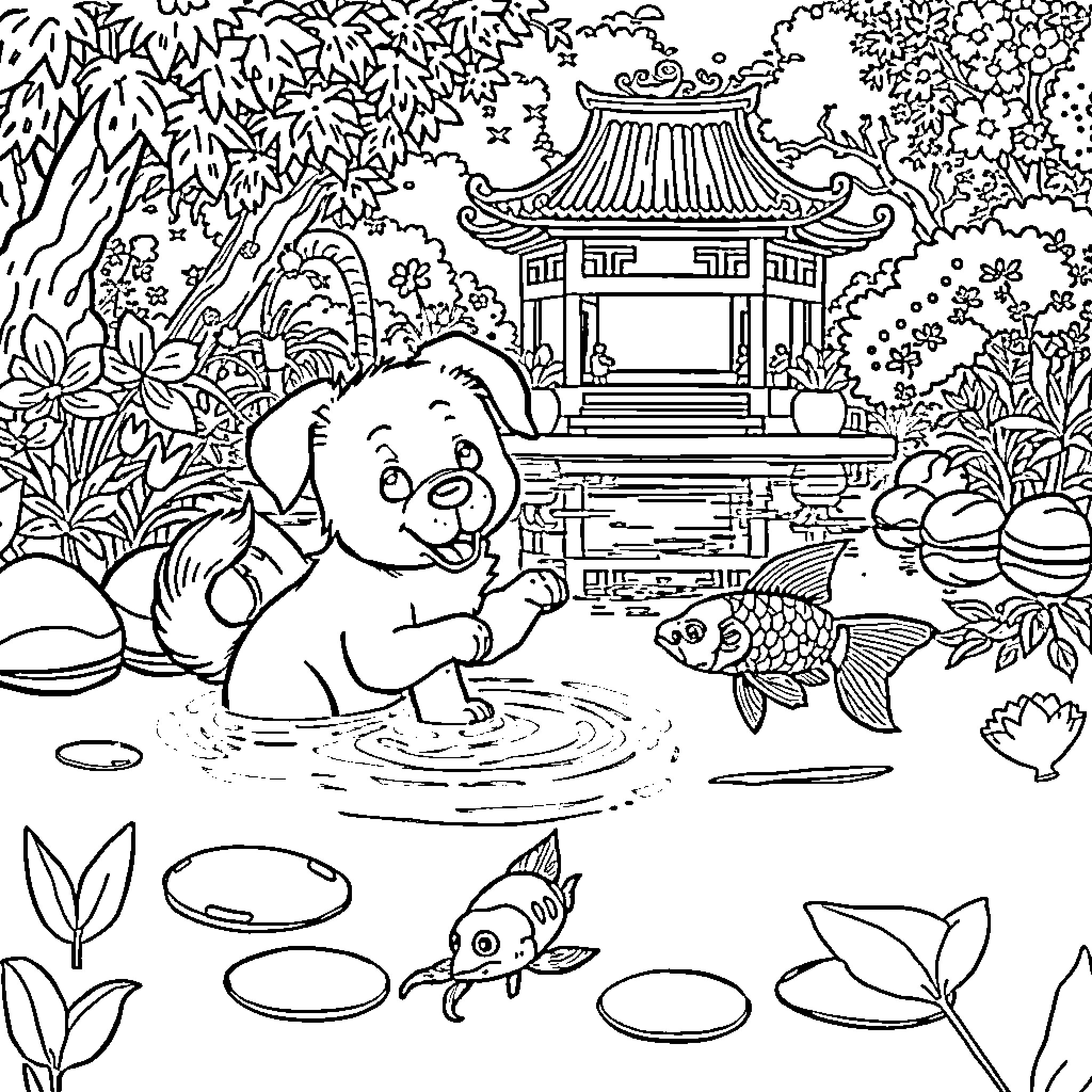 Dog Playing Happily in Serene Garden Pond Coloring Page (free black-and-white line drawing printable PDF for all, from beginners to advanced learners, including children, teens, adults, and seniors)