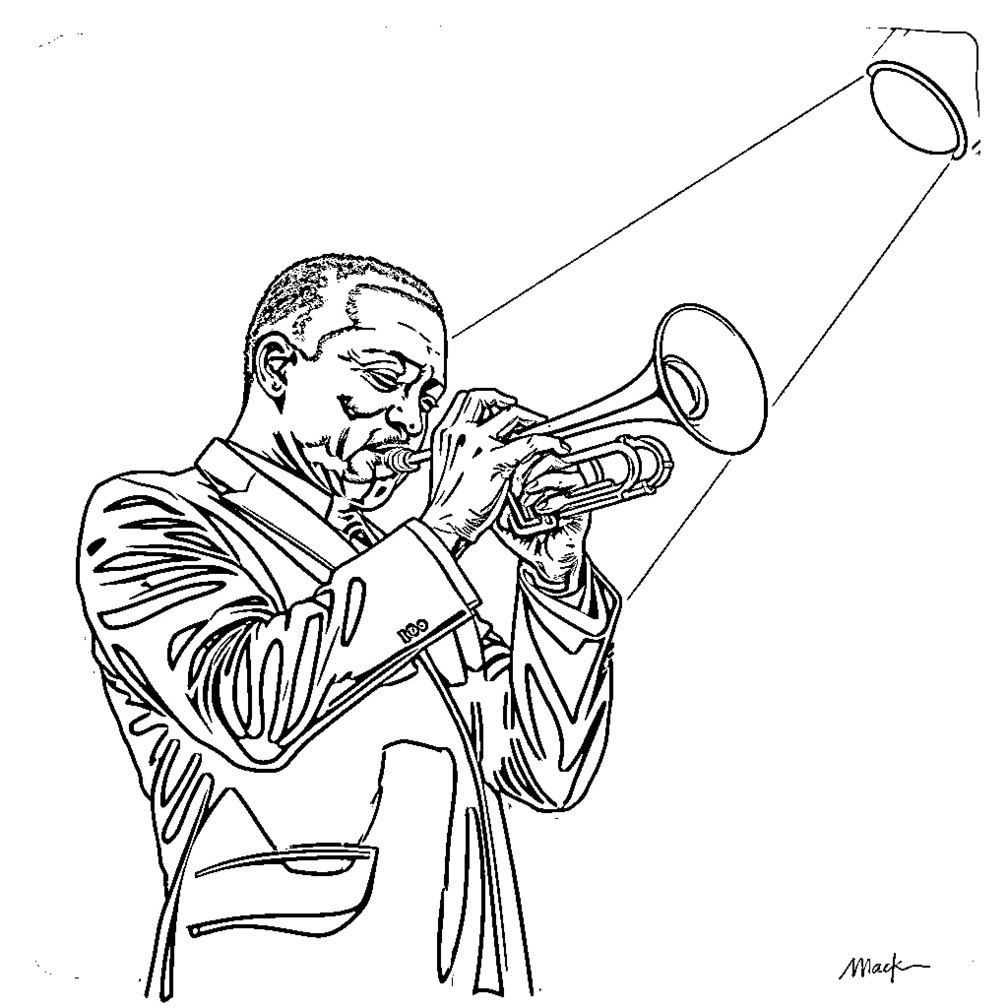 Miles Davis playing the trumpet on stage Coloring Page (free black-and-white line drawing printable PDF for all, from beginners to advanced learners, including children, teens, adults, and seniors)