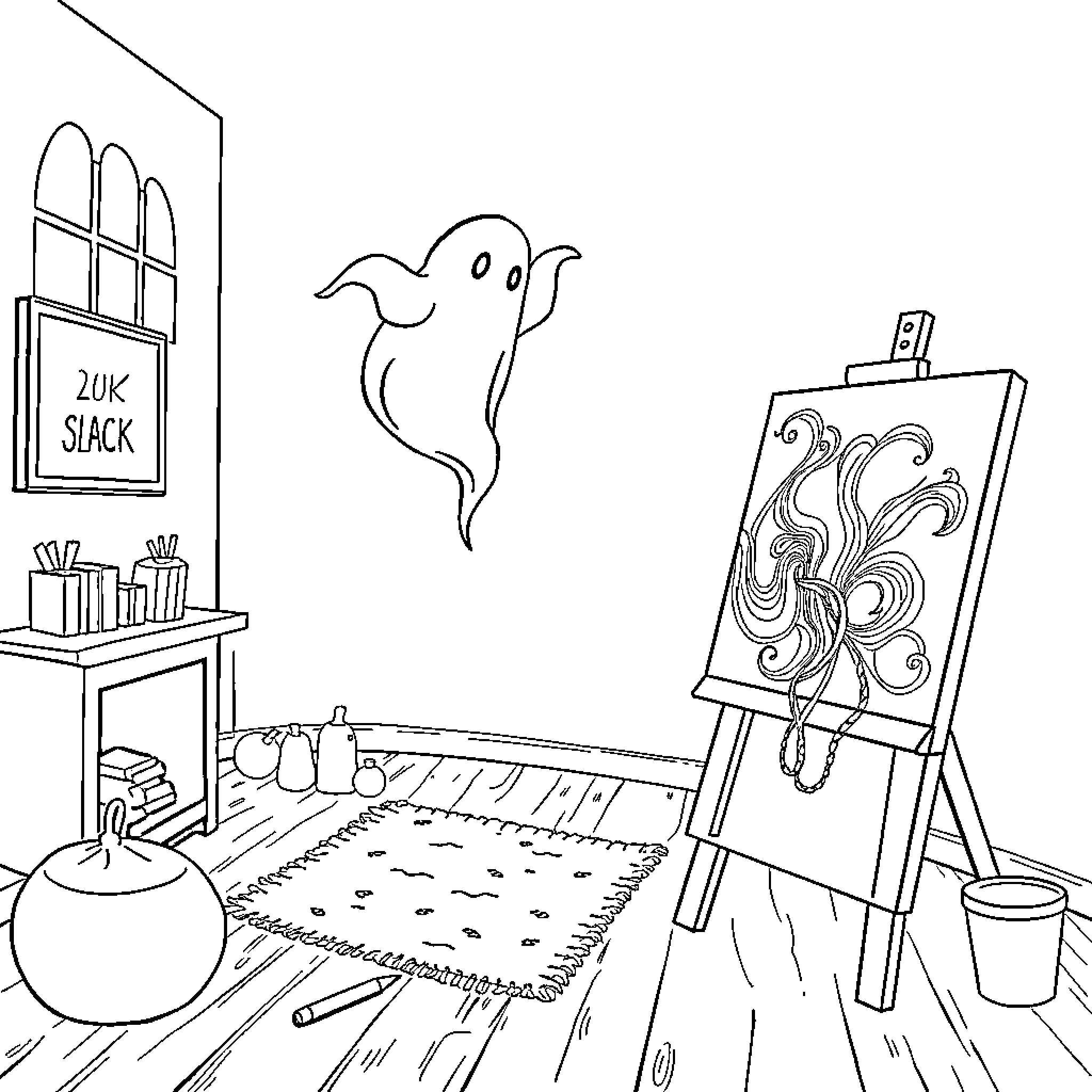 Ghost painting in the studio Coloring Page (free black-and-white line drawing printable PDF for all, from beginners to advanced learners, including children, teens, adults, and seniors)