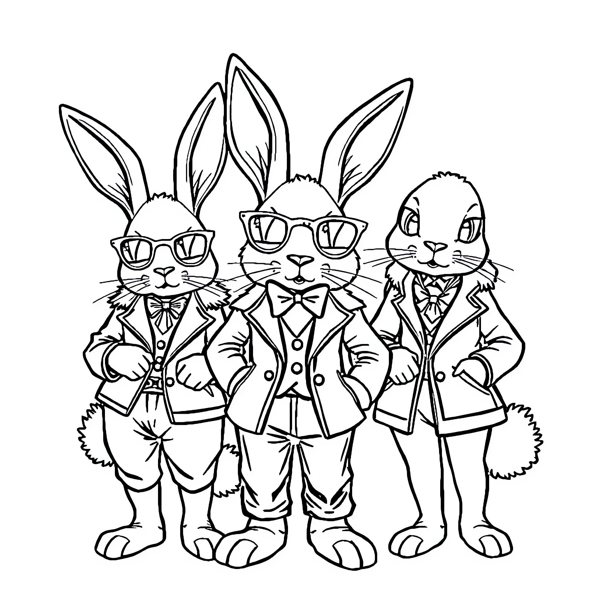 Bunnies dressed in stylish outfits Coloring Page (free black-and-white line drawing printable PDF for all, from beginners to advanced learners, including children, teens, adults, and seniors)