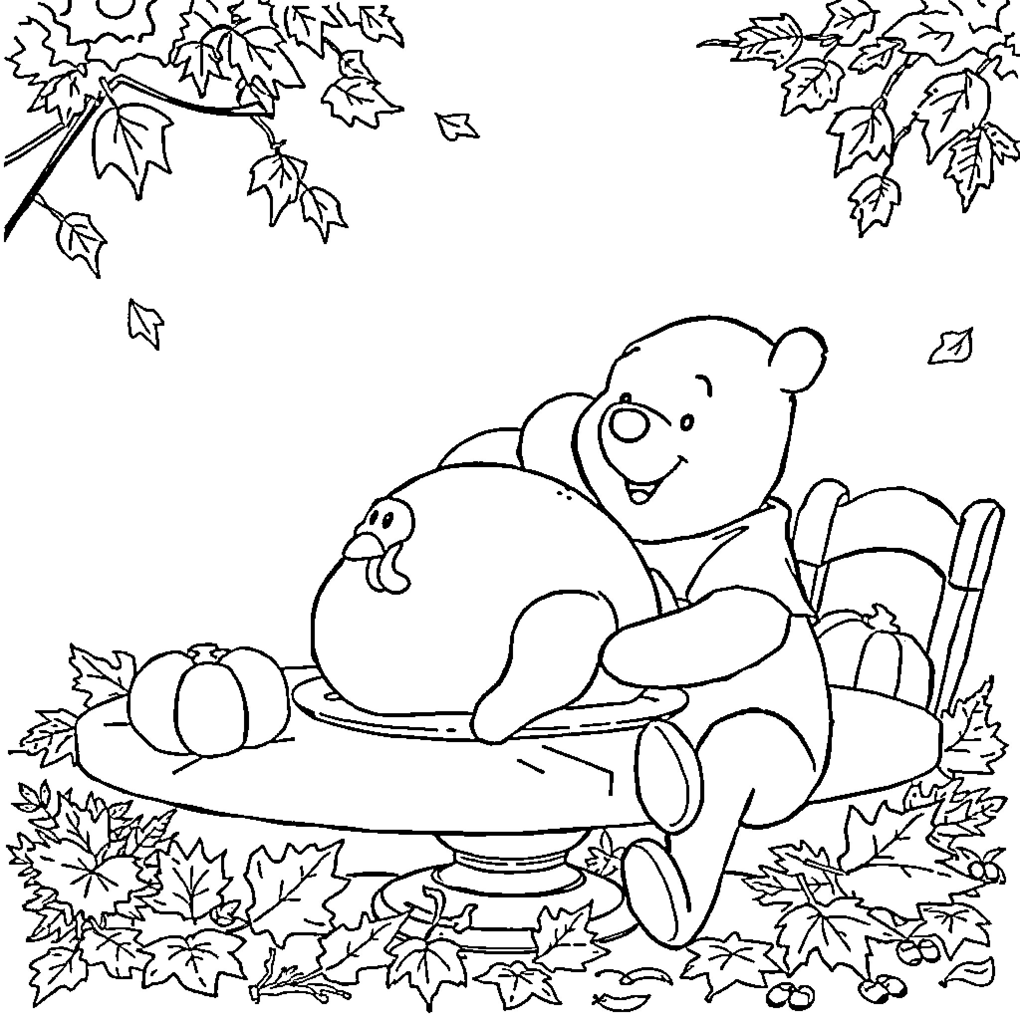 Winnie The Pooh relaxing in nature Coloring Page (free black-and-white line drawing printable PDF for all, from beginners to advanced learners, including children, teens, adults, and seniors)