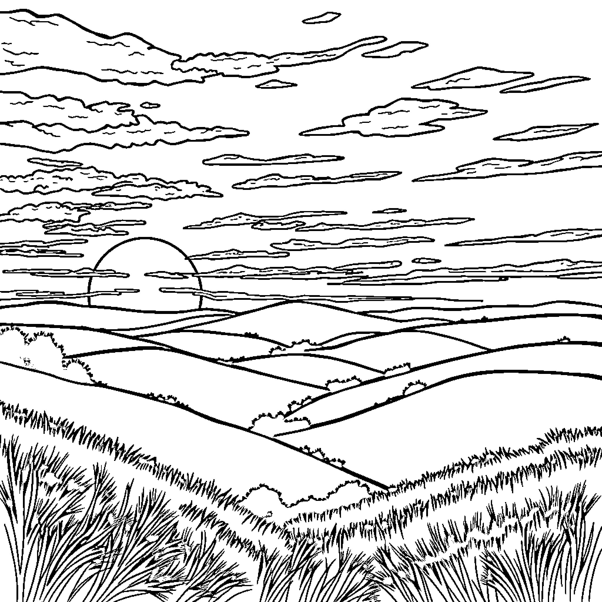 Scenery of a peaceful countryside landscape Coloring Page (free black-and-white line drawing printable PDF for all, from beginners to advanced learners, including children, teens, adults, and seniors)