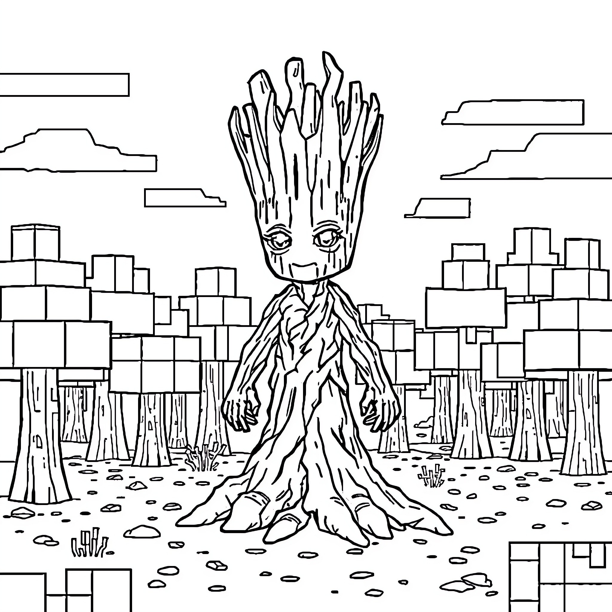 Groot exploring the vast, geometric landscape Coloring Page (free black-and-white line drawing printable PDF for all, from beginners to advanced learners, including children, teens, adults, and seniors)