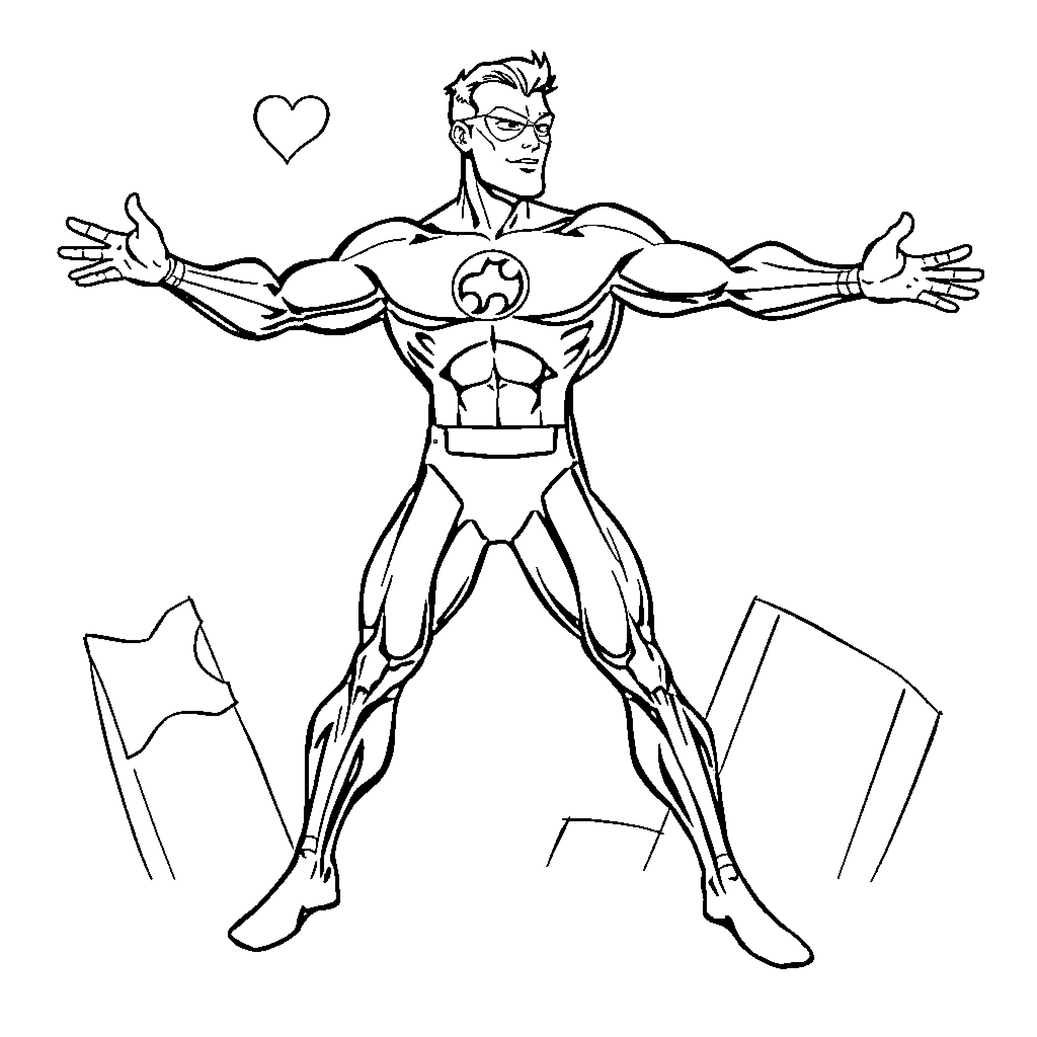 Plastic Man embracing heroic stance with outstretched arms Coloring Page (free black-and-white line drawing printable PDF for all, from beginners to advanced learners, including children, teens, adults, and seniors)
