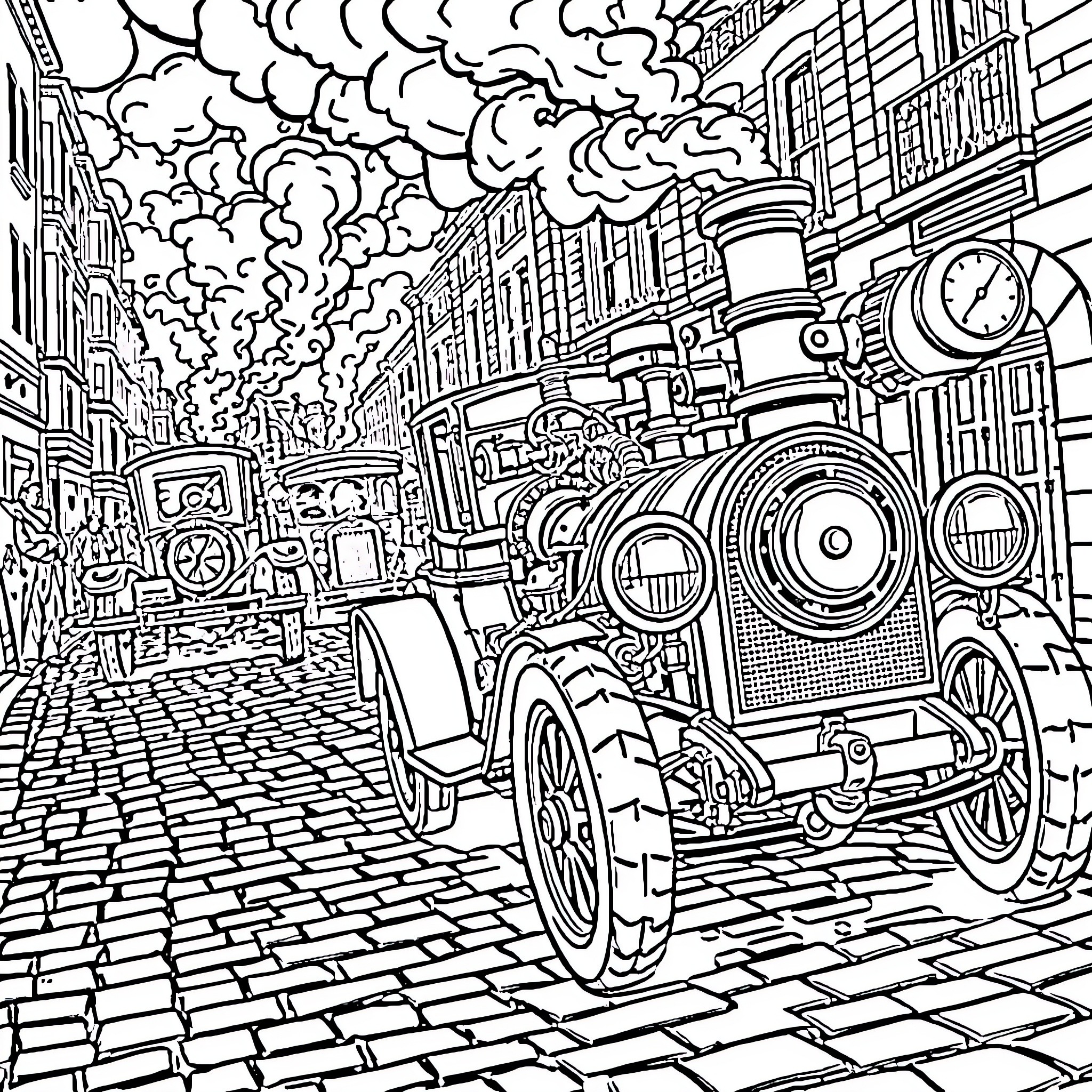 Steampunk Car Traversing Bustling Steampunk City Coloring Page (free black-and-white line drawing printable PDF for all, from beginners to advanced learners, including children, teens, adults, and seniors)
