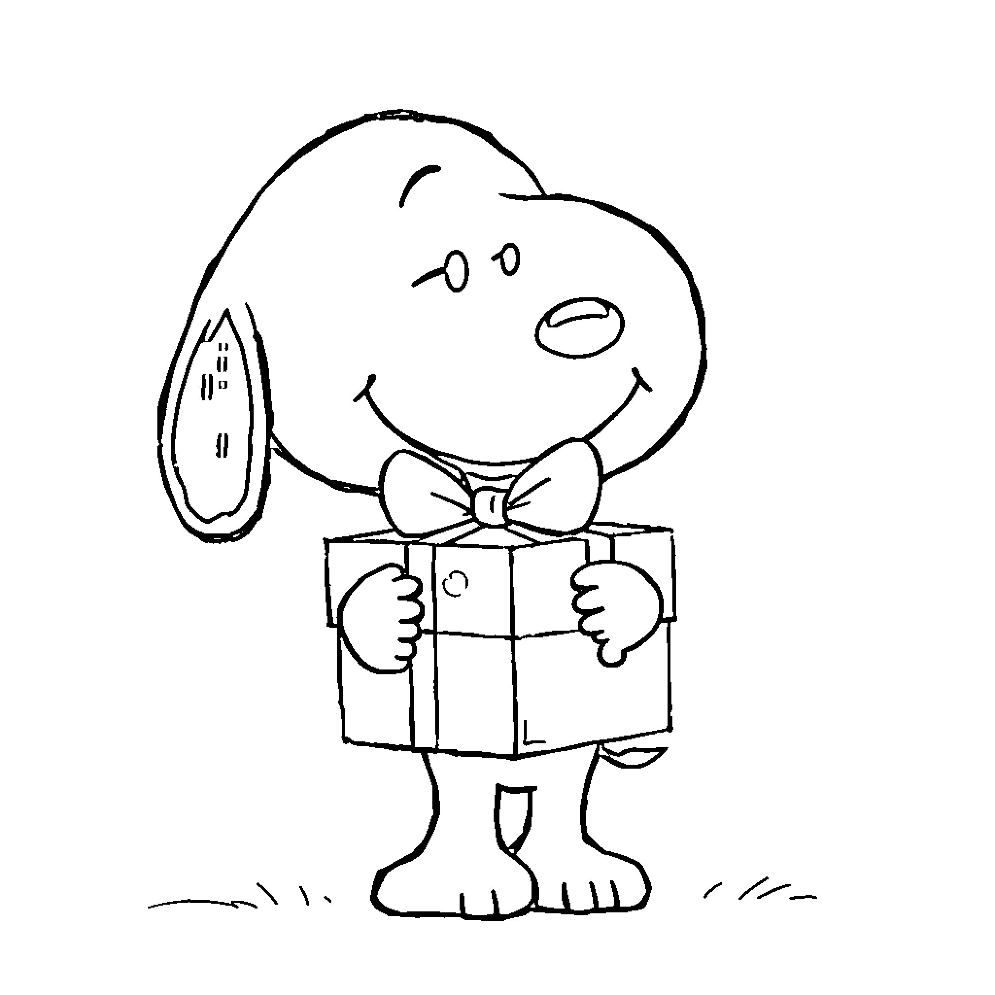 Snoopy happily holding a gift box Coloring Page (free black-and-white line drawing printable PDF for all, from beginners to advanced learners, including children, teens, adults, and seniors)