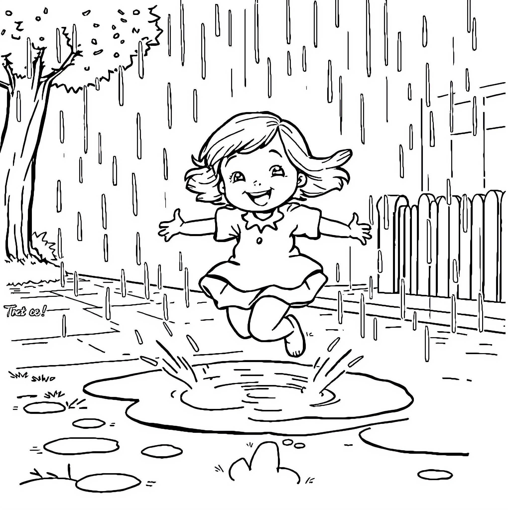 Sophie joyfully playing in the rain Coloring Page (free black-and-white line drawing printable PDF for all, from beginners to advanced learners, including children, teens, adults, and seniors)