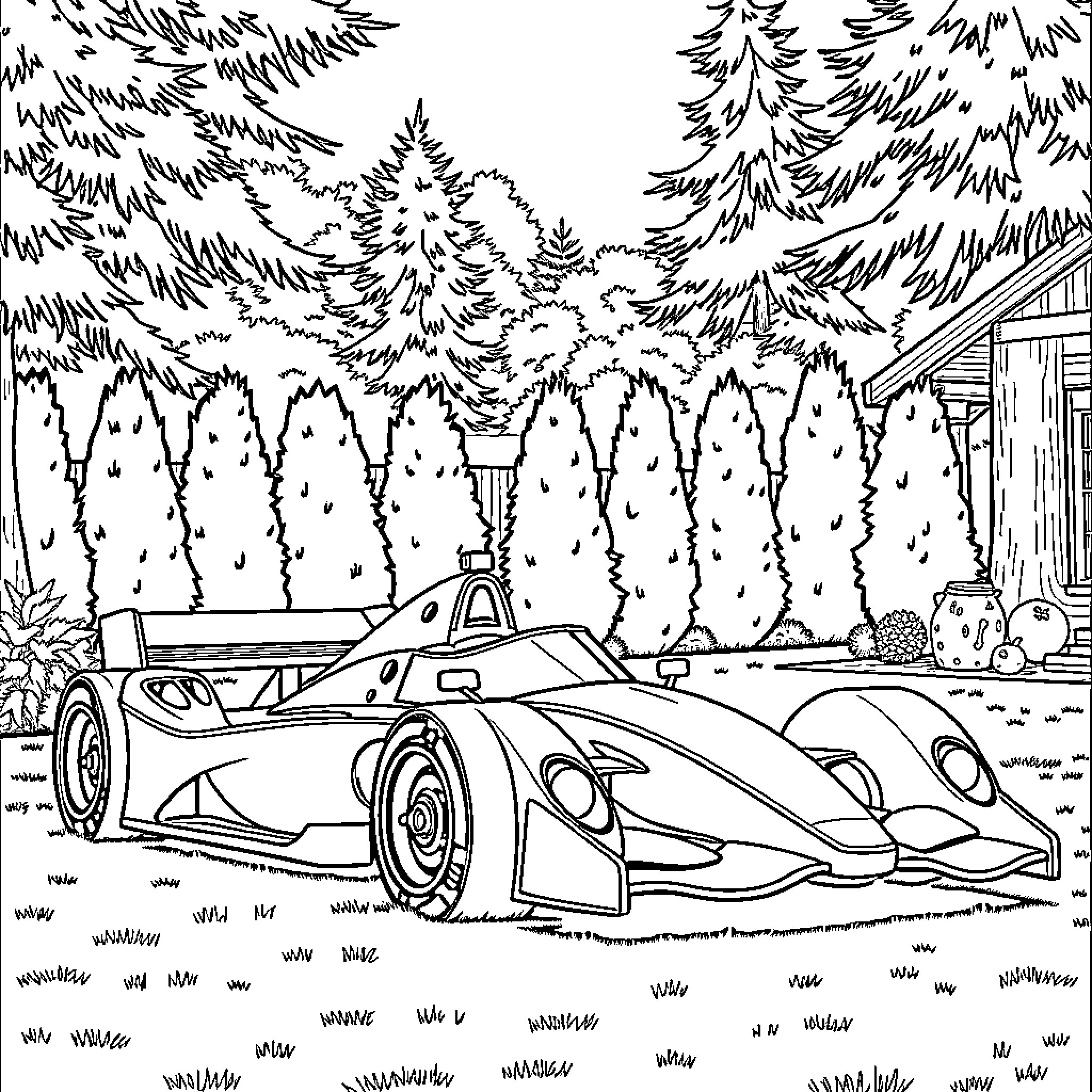 Formula One Car in a Snowy Forest Landscape Coloring Page (free black-and-white line drawing printable PDF for all, from beginners to advanced learners, including children, teens, adults, and seniors)