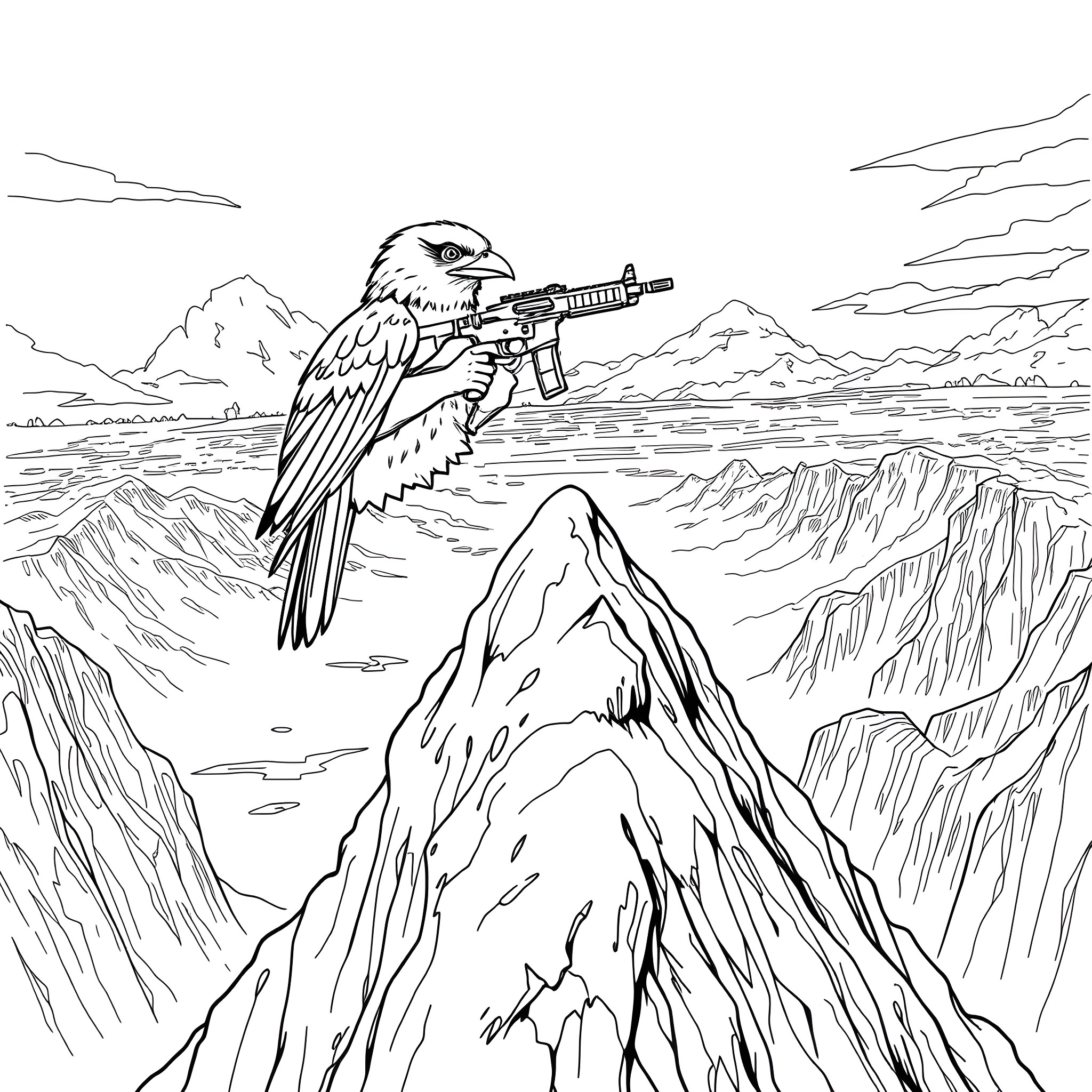 Bird carrying weapon in a mountainous landscape Coloring Page (free black-and-white line drawing printable PDF for all, from beginners to advanced learners, including children, teens, adults, and seniors)