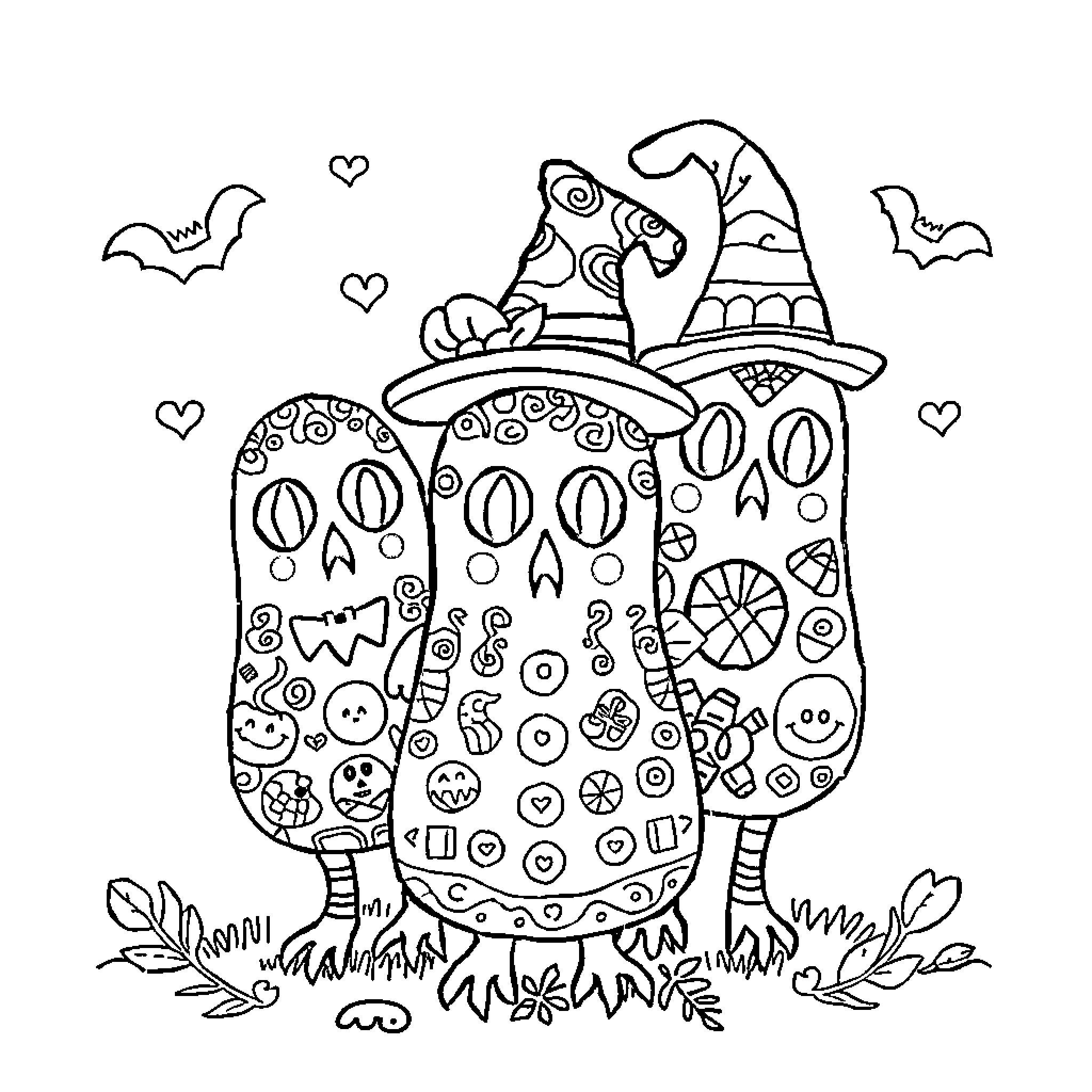 Migs the Whimsical Witch and Her Patterned Pumpkin Coloring Page (free black-and-white line drawing printable PDF for all, from beginners to advanced learners, including children, teens, adults, and seniors)