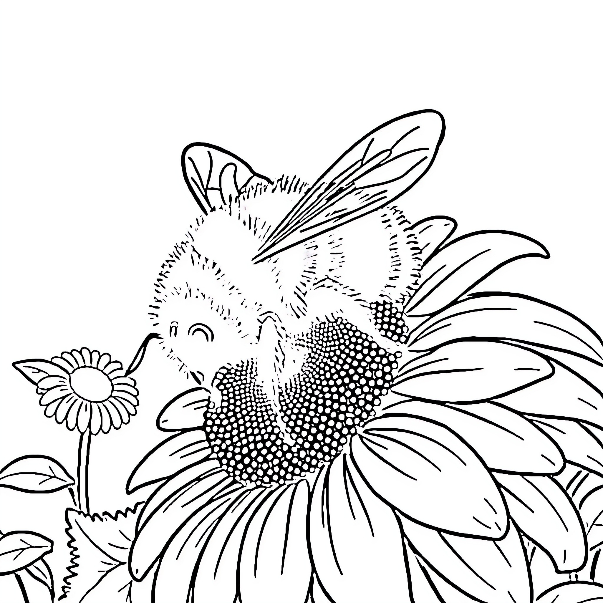 Bumblebee pollinating vibrant flowers in the meadow Coloring Page (free black-and-white line drawing printable PDF for all, from beginners to advanced learners, including children, teens, adults, and seniors)