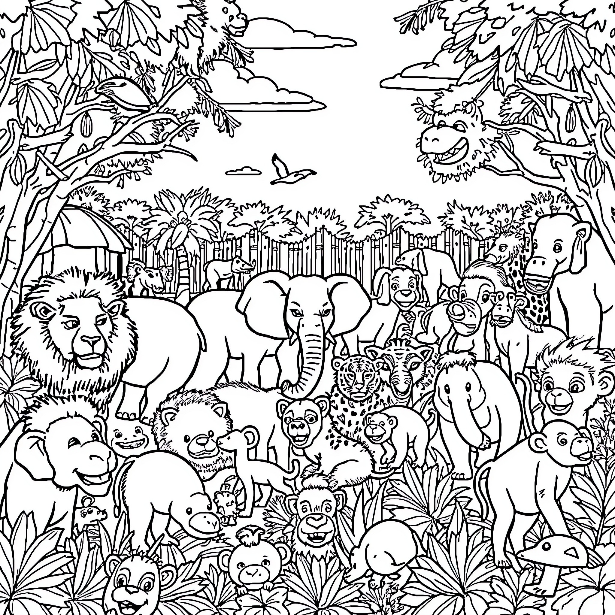 Animal gathering in the lush jungle scenery Coloring Page (free black-and-white line drawing printable PDF for all, from beginners to advanced learners, including children, teens, adults, and seniors)