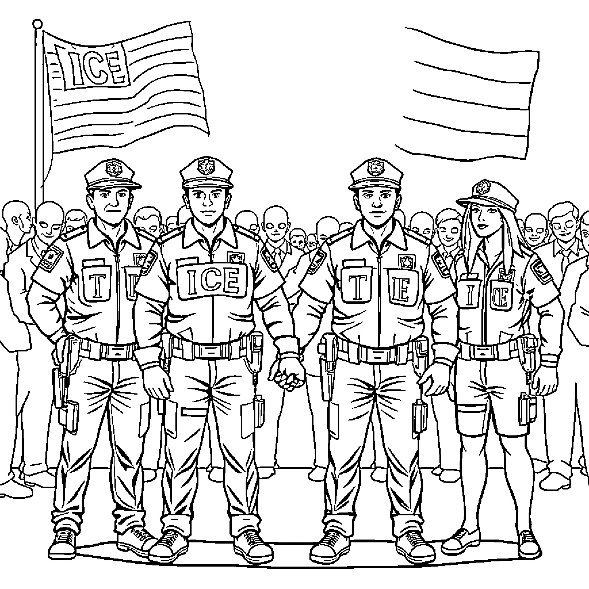 Ice Agent officers in uniform standing together Coloring Page (free black-and-white line drawing printable PDF for all, from beginners to advanced learners, including children, teens, adults, and seniors)