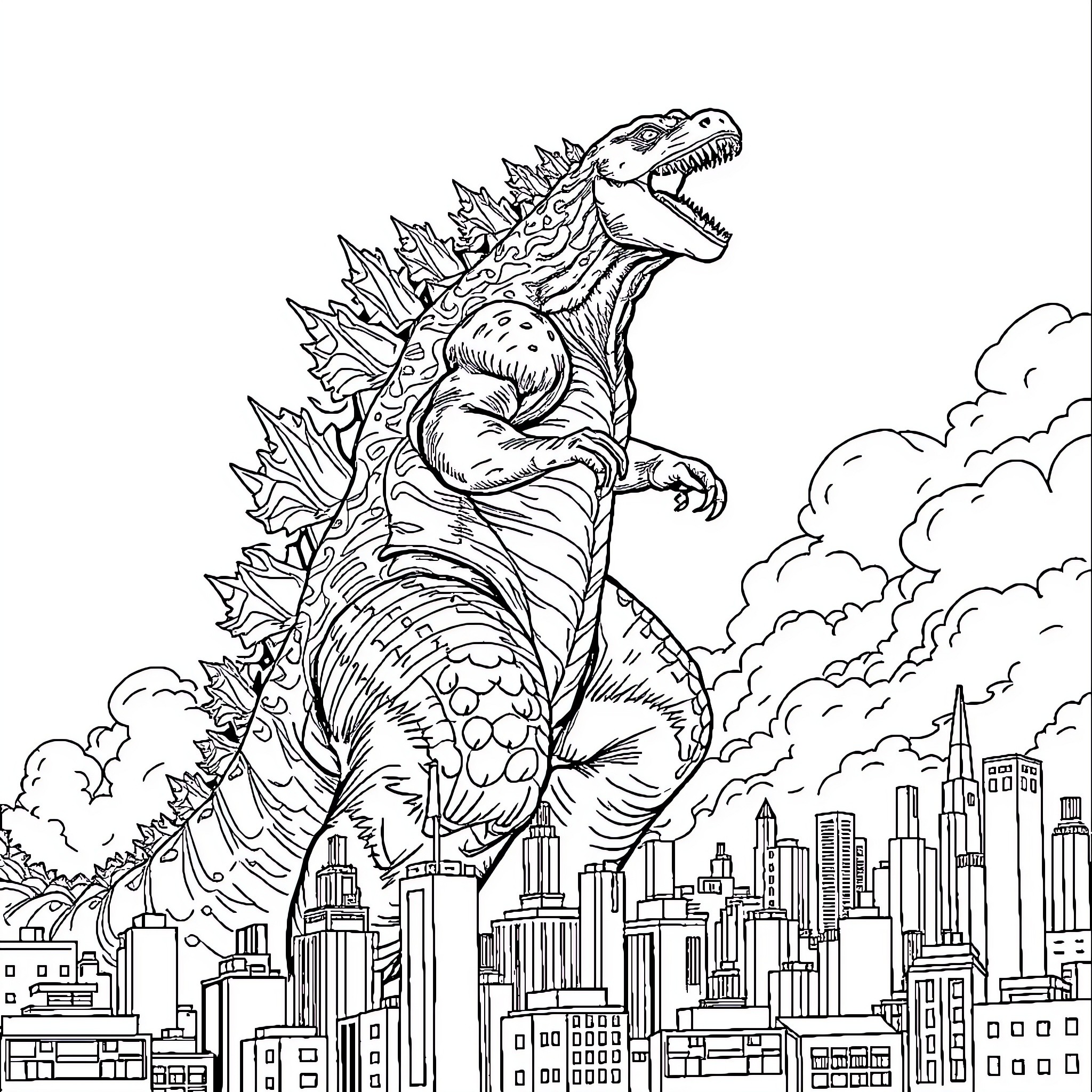 Godzilla rampaging through the city skyline Coloring Page (free black-and-white line drawing printable PDF for all, from beginners to advanced learners, including children, teens, adults, and seniors)