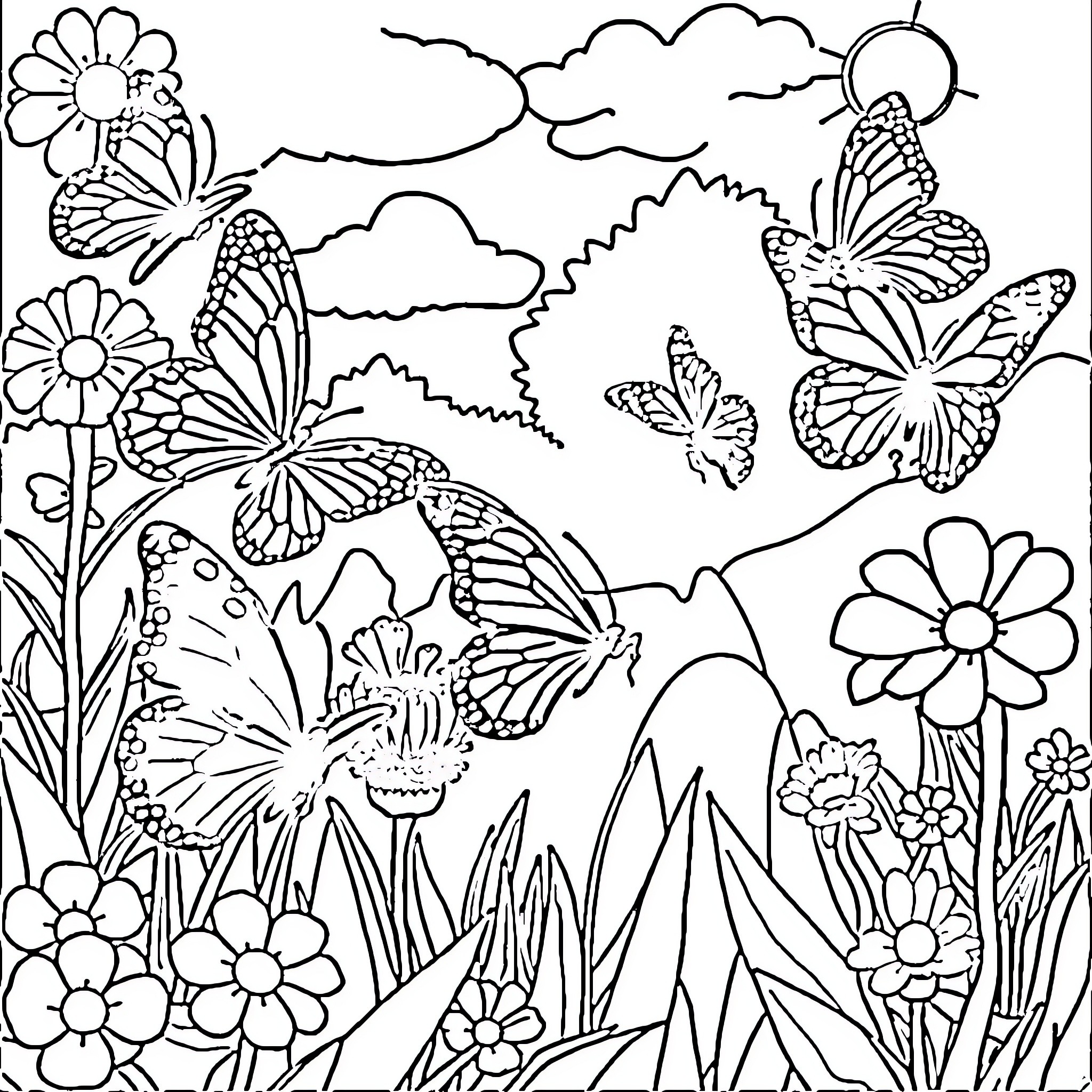Butterfly Swarm in Vibrant Floral Garden Coloring Page (free black-and-white line drawing printable PDF for all, from beginners to advanced learners, including children, teens, adults, and seniors)