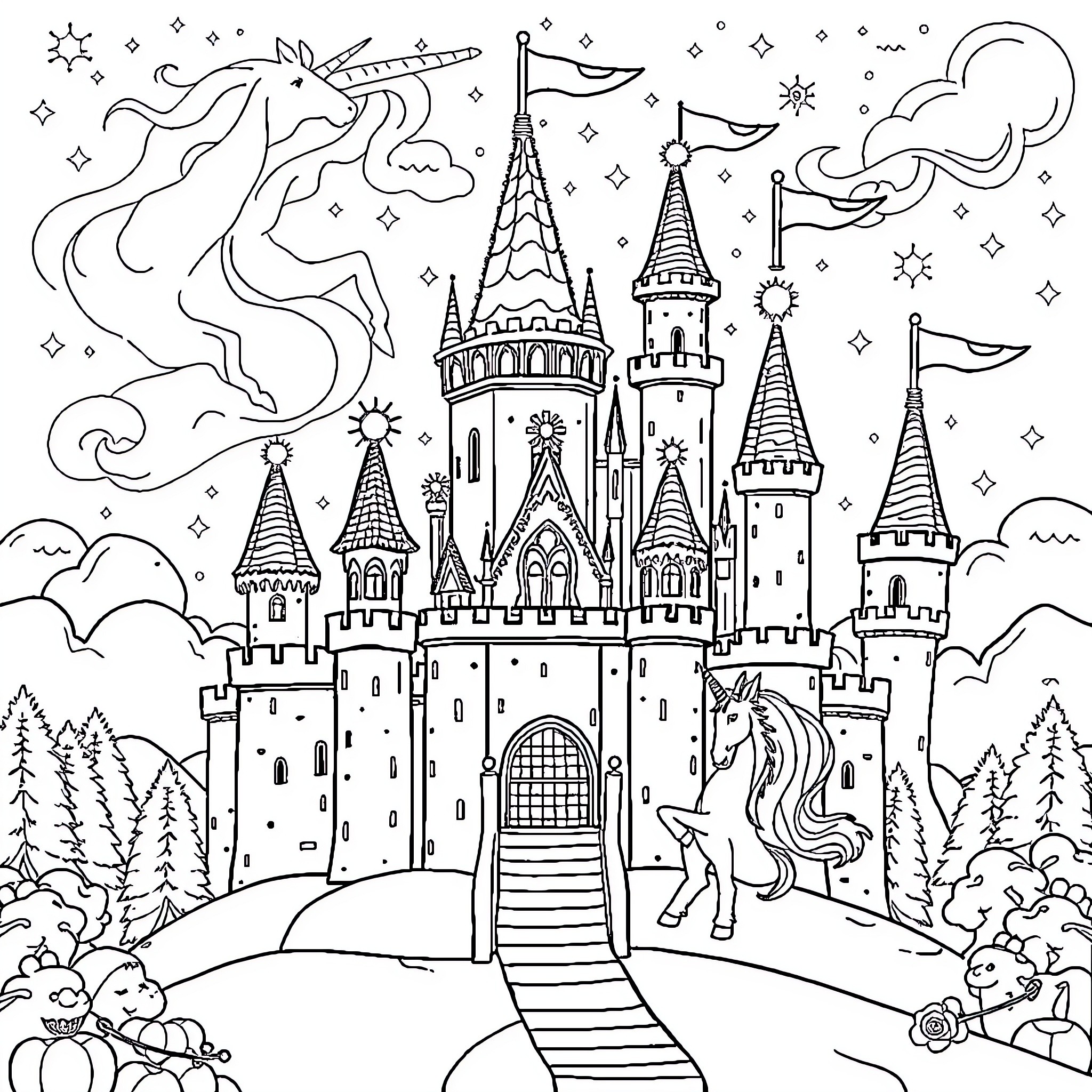 Unicorn and Magical Castle in Starry Night Coloring Page (free black-and-white line drawing printable PDF for all, from beginners to advanced learners, including children, teens, adults, and seniors)