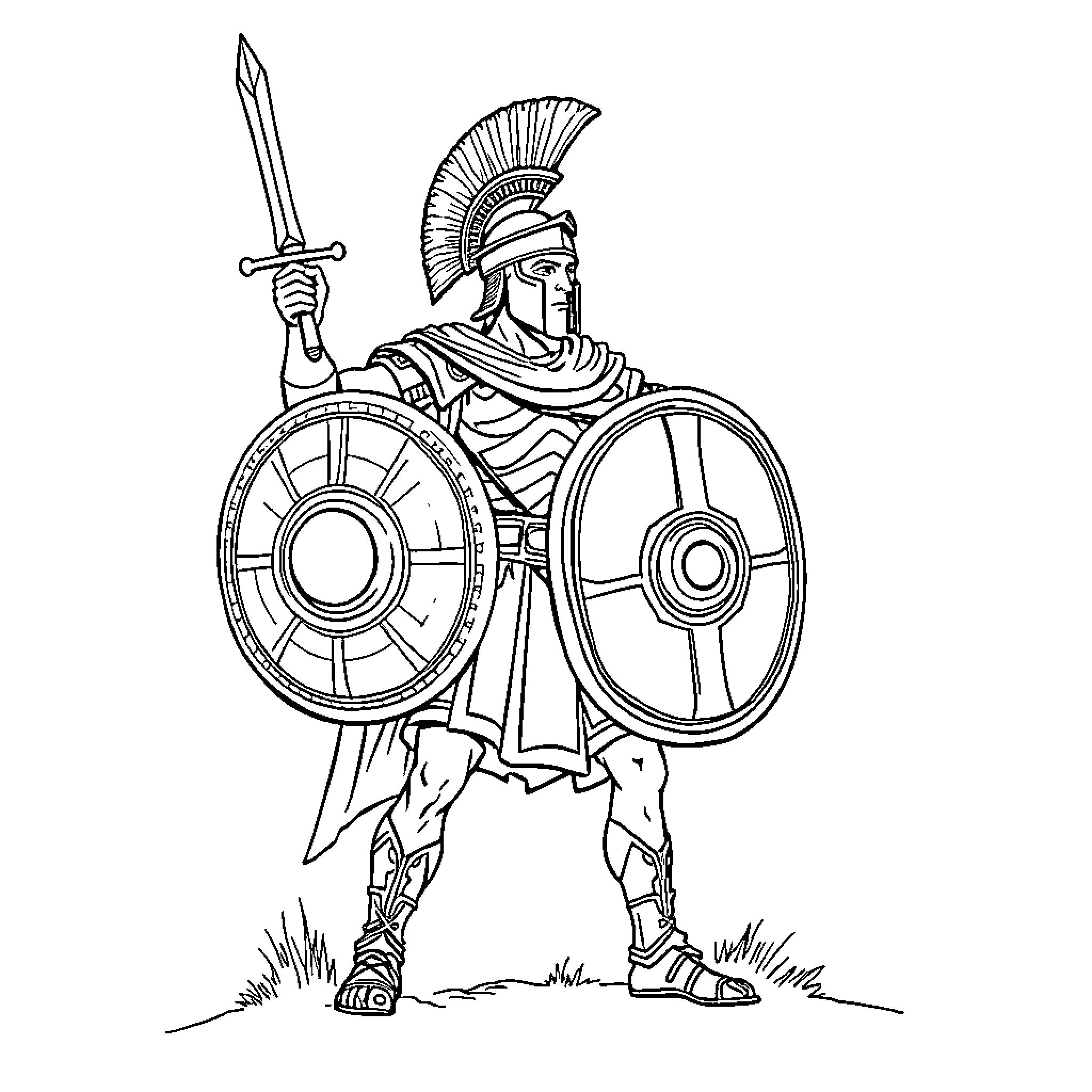 Roman Soldier in Warrior Outfit with Sword and Shields Coloring Page (free black-and-white line drawing printable PDF for all, from beginners to advanced learners, including children, teens, adults, and seniors)