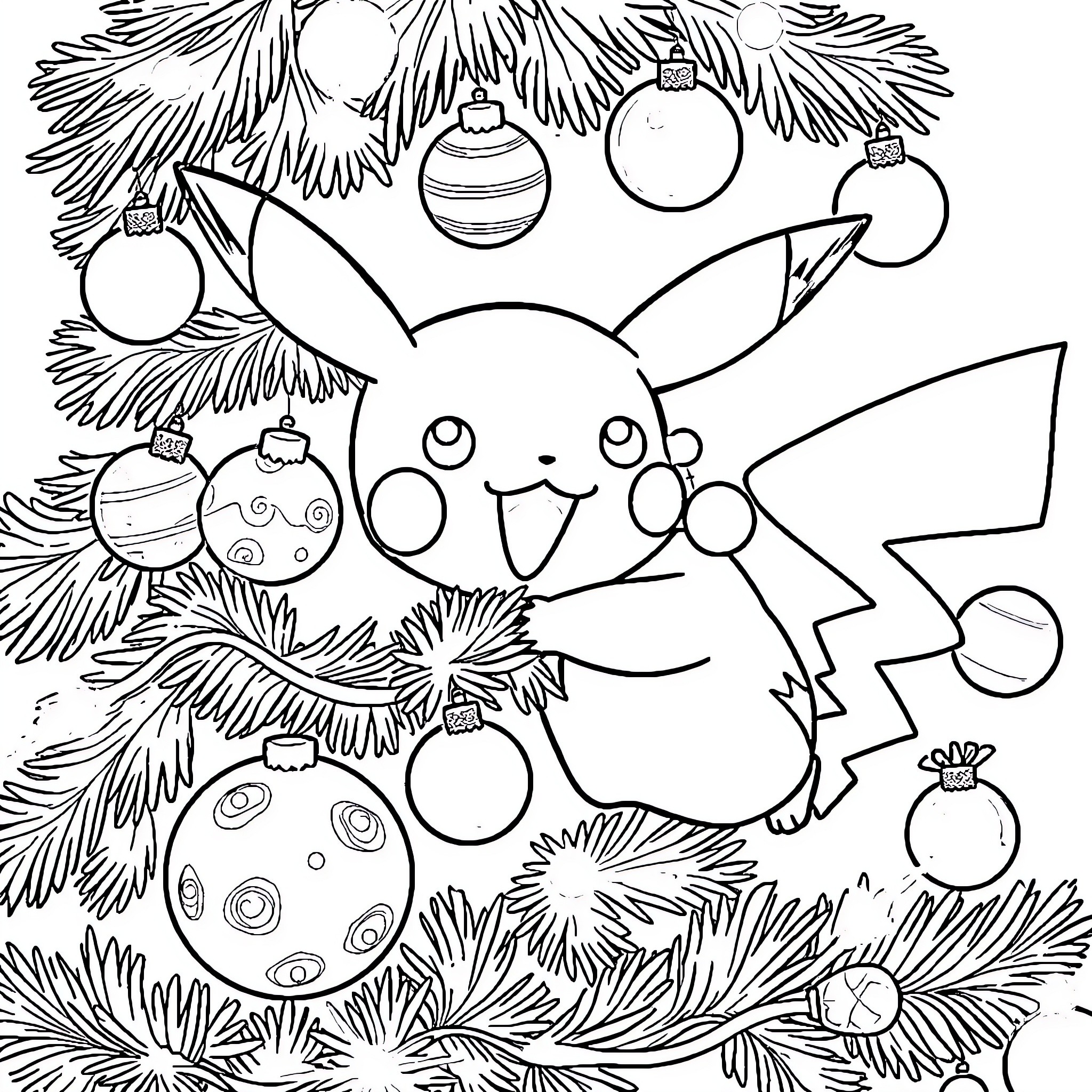 Pikachu among Christmas decorations Coloring Page (free black-and-white line drawing printable PDF for all, from beginners to advanced learners, including children, teens, adults, and seniors)